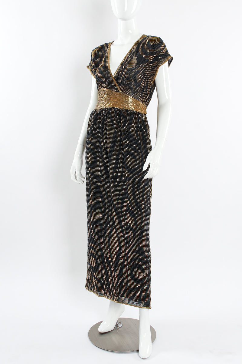 Vintage Lillie Rubin Abstract Leaf Swirl Beaded Silk Dress mannequin front angle @ Recess LA