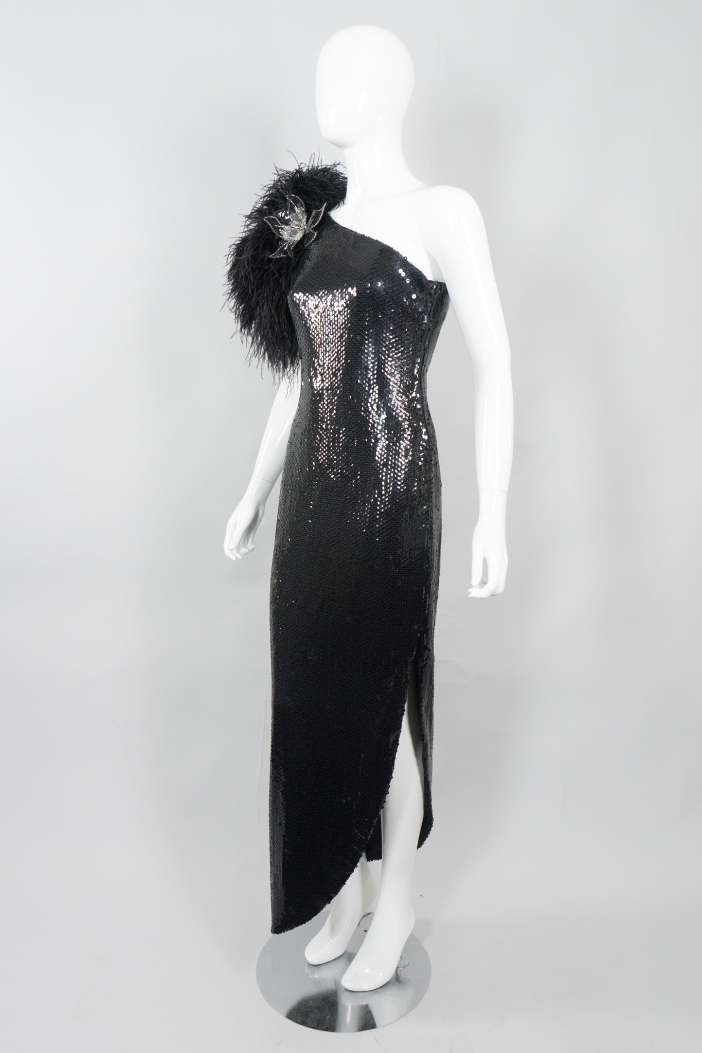 Lillie Rubin Vintage Ostrich Feather One-Shoulder Sequin Gown