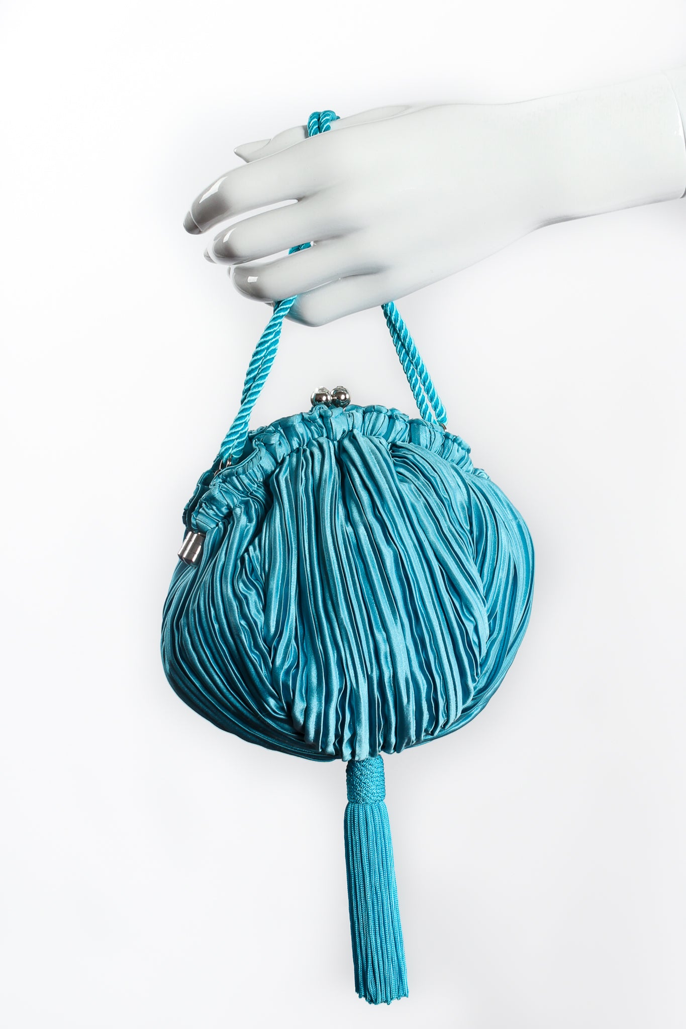 Vintage Lillie Rubin Pleated Tassel Pom Pouch on mannequin at Recess Los Angeles