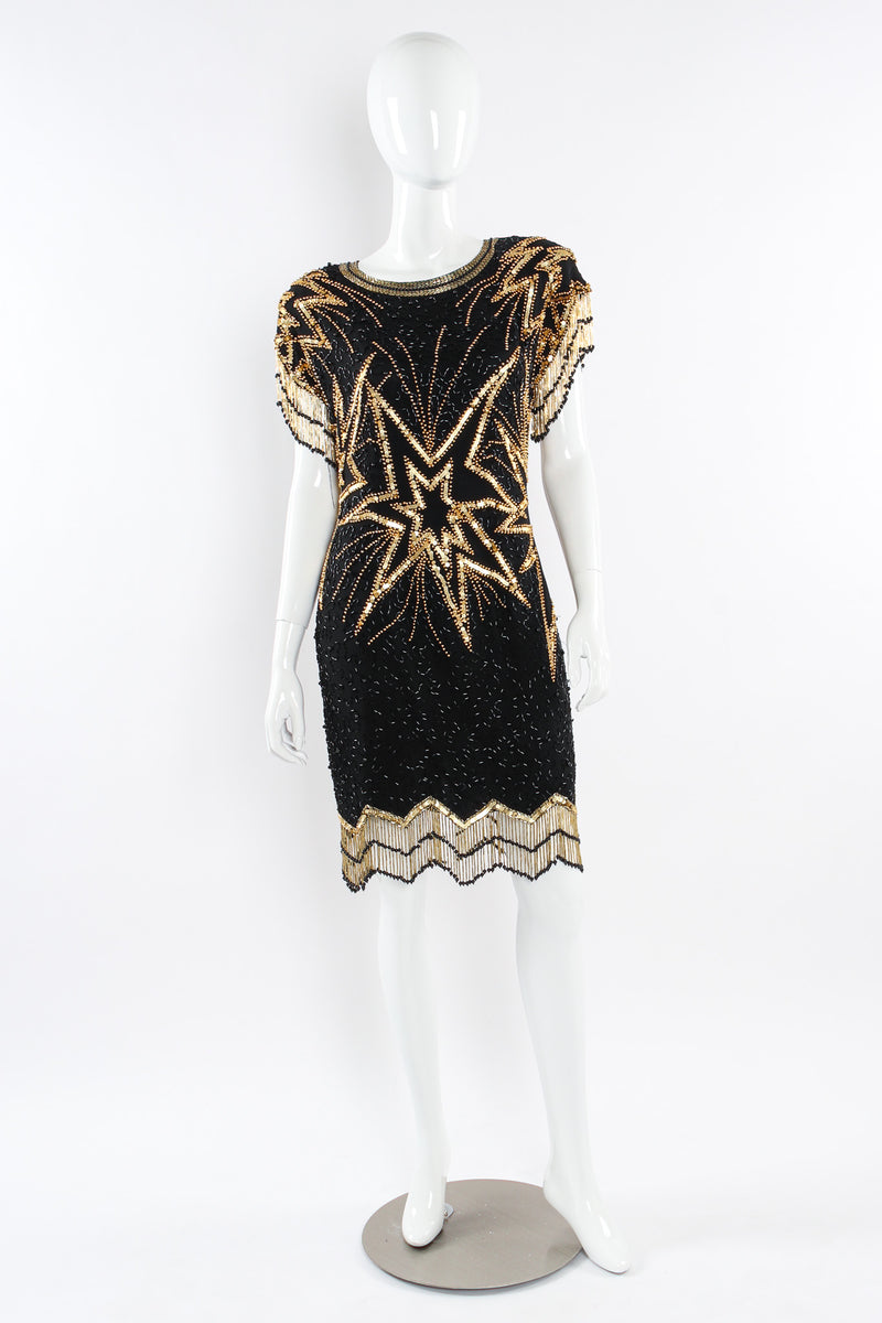 Vintage Lillie Rubin Star Beaded Fringe Silk Dress mannequin front @ Recess LA