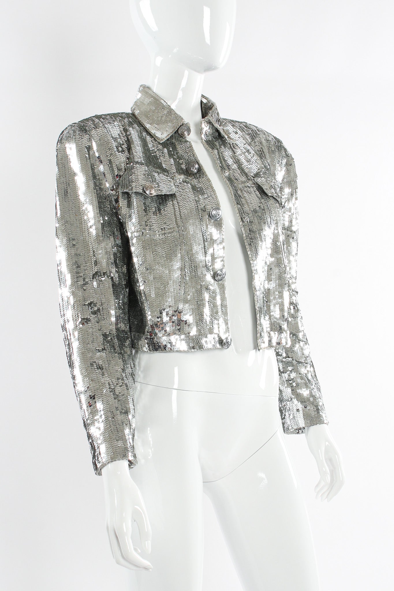 Vintage Lillie Rubin Sequin & Beaded Crop Jacket mannequin close unbuttoned angle @ Recess LA