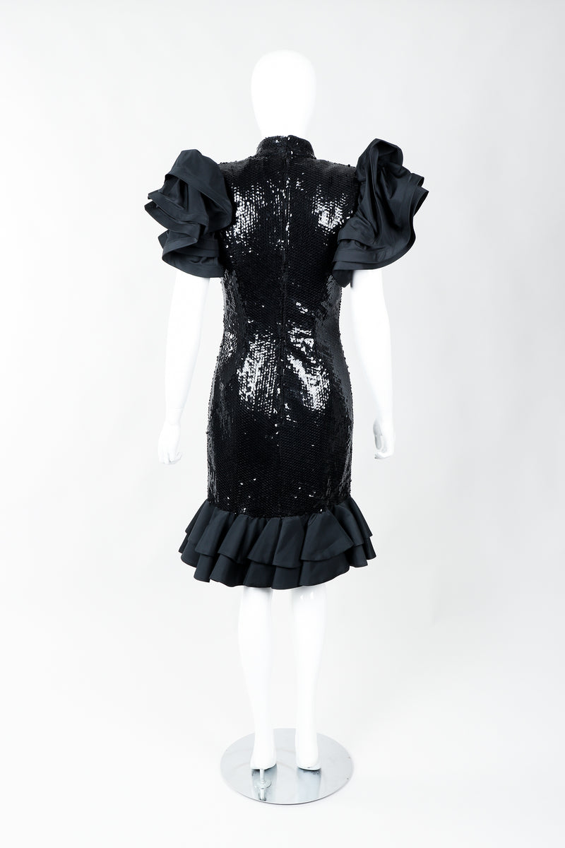 Vintage Lillie Rubin Sequin Ruffle Shoulder Cocktail Dress on Mannequin back, at Recess