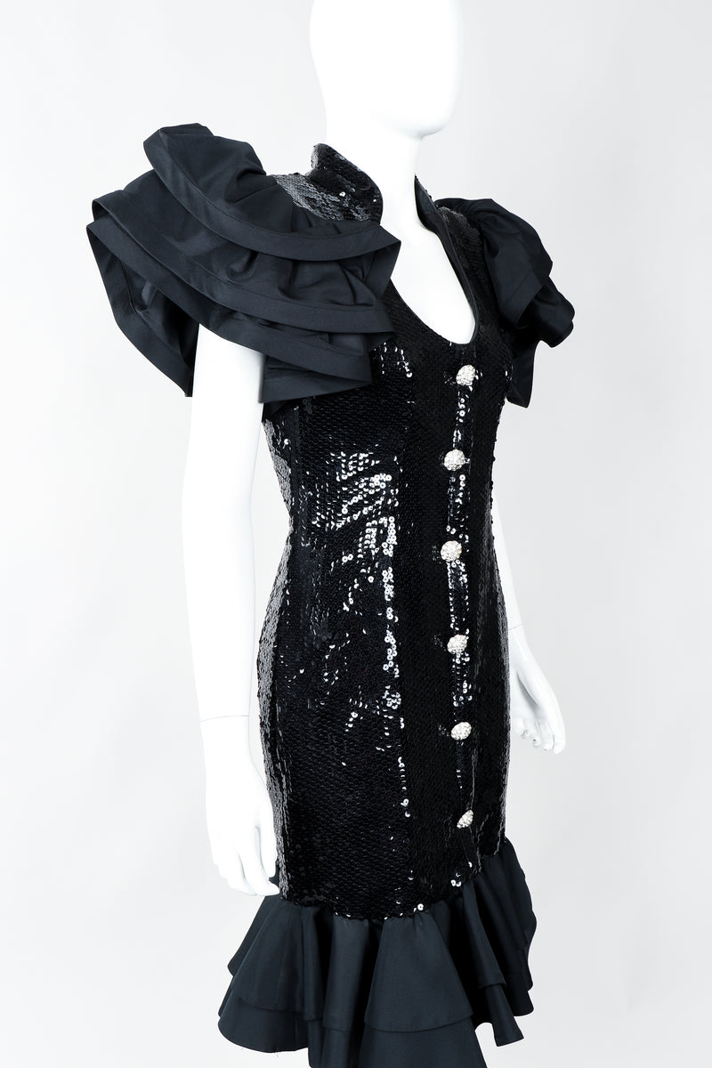 Vintage Lillie Rubin Sequin Ruffle Shoulder Cocktail Dress on Mannequin, Cropped at Recess