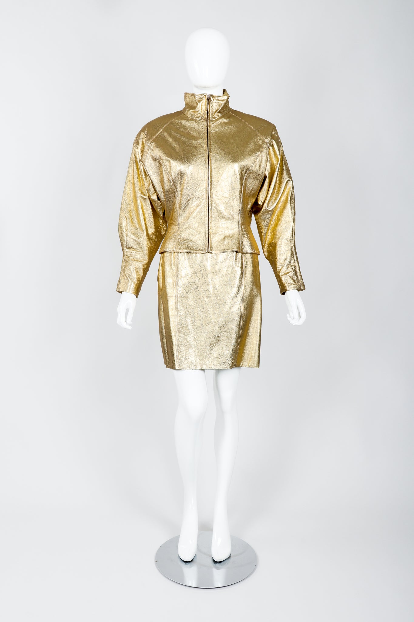 Vintage Lillie Rubin Gold Leather Lamé Jacket & Skirt Set on Mannequin front at Recess