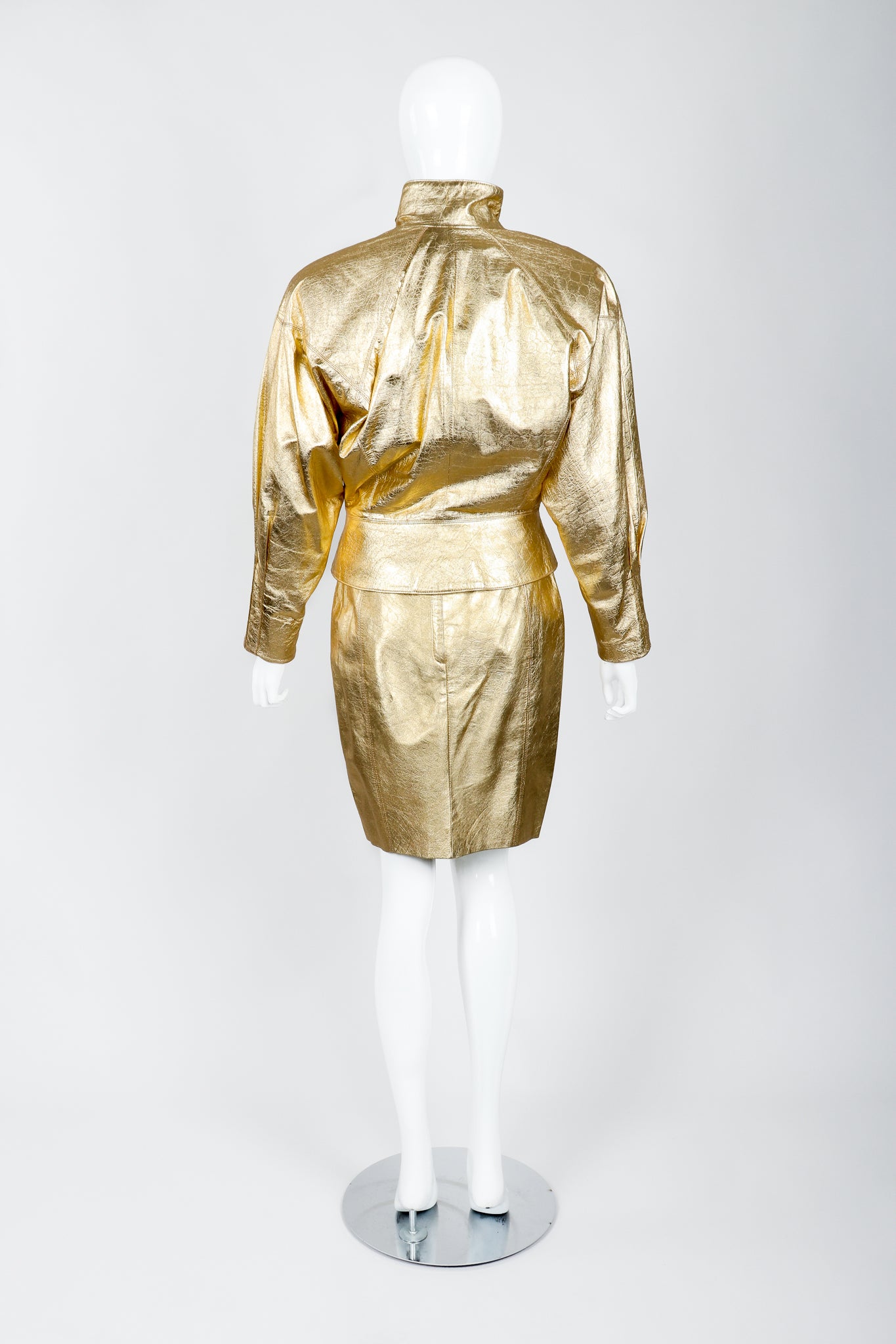 Vintage Lillie Rubin Gold Leather Lamé Jacket & Skirt Set on Mannequin back at Recess