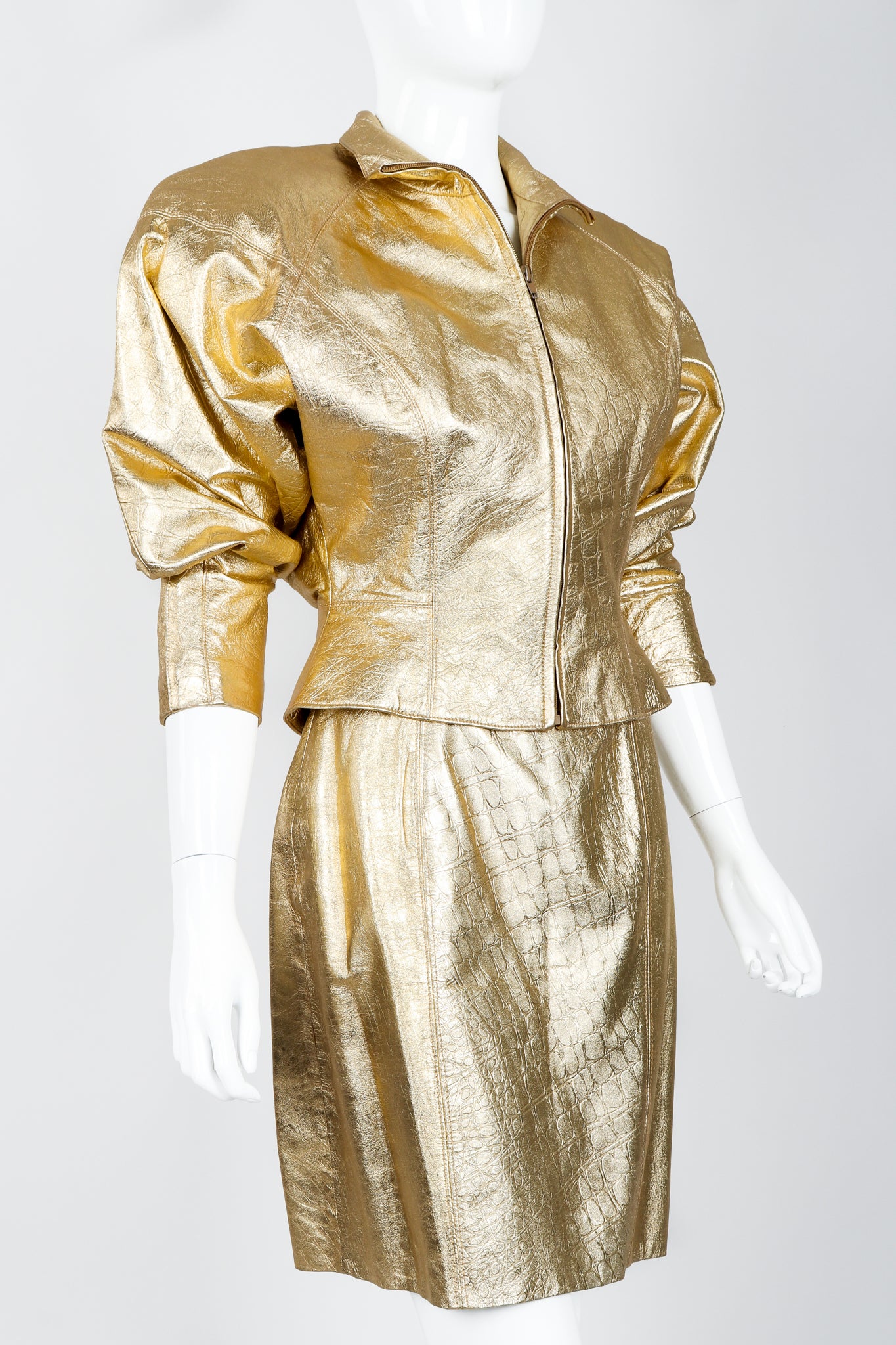 Vintage Lillie Rubin Gold Leather Lamé Jacket & Skirt Set on Mannequin angled Crop at Recess