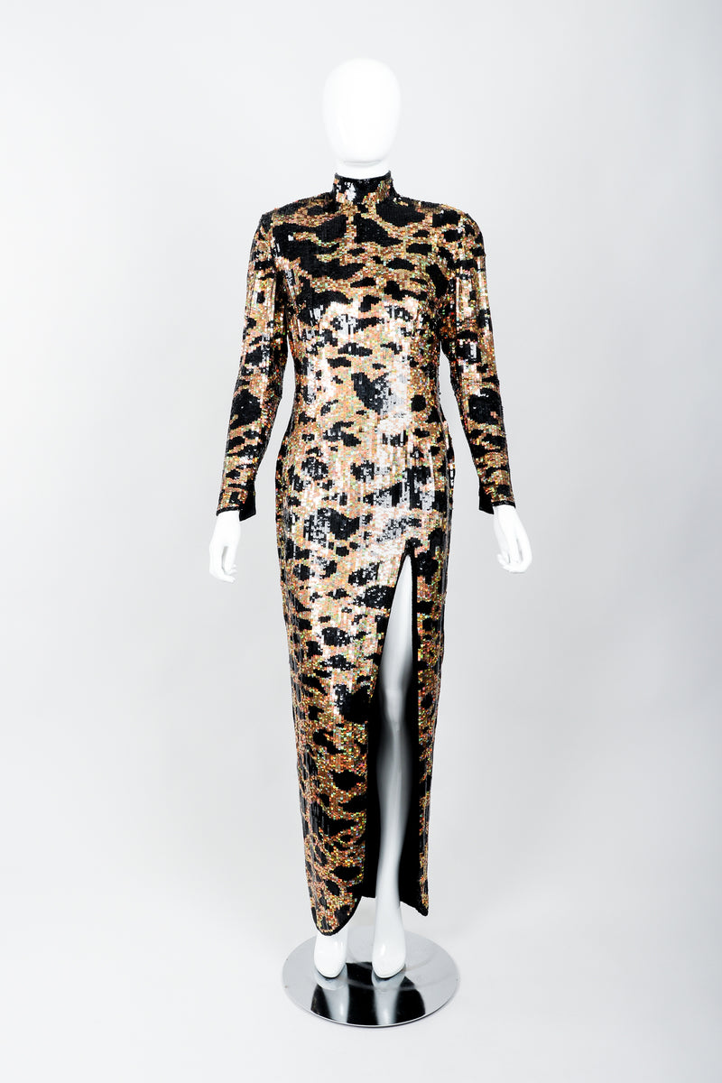 Vintage Riazee for Lillie Rubin Holographic Sequin Animal Sheath Dress on Mannequin front at Recess