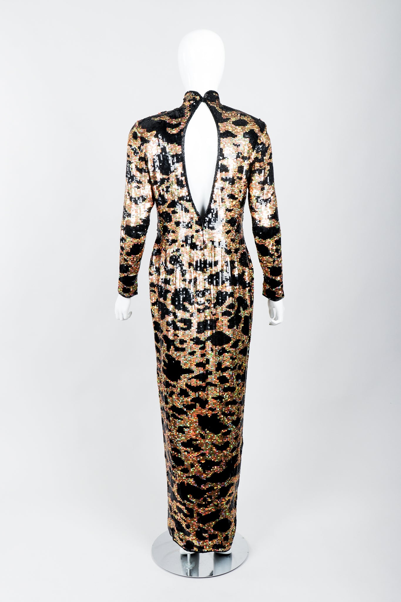 Vintage Riazee for Lillie Rubin Holographic Sequin Animal Sheath Dress on Mannequin back at Recess