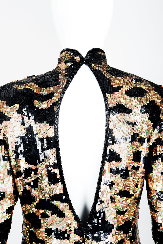 Vintage Riazee for Lillie Rubin Holographic Sequin Animal Sheath Dress on Mannequin back keyhole