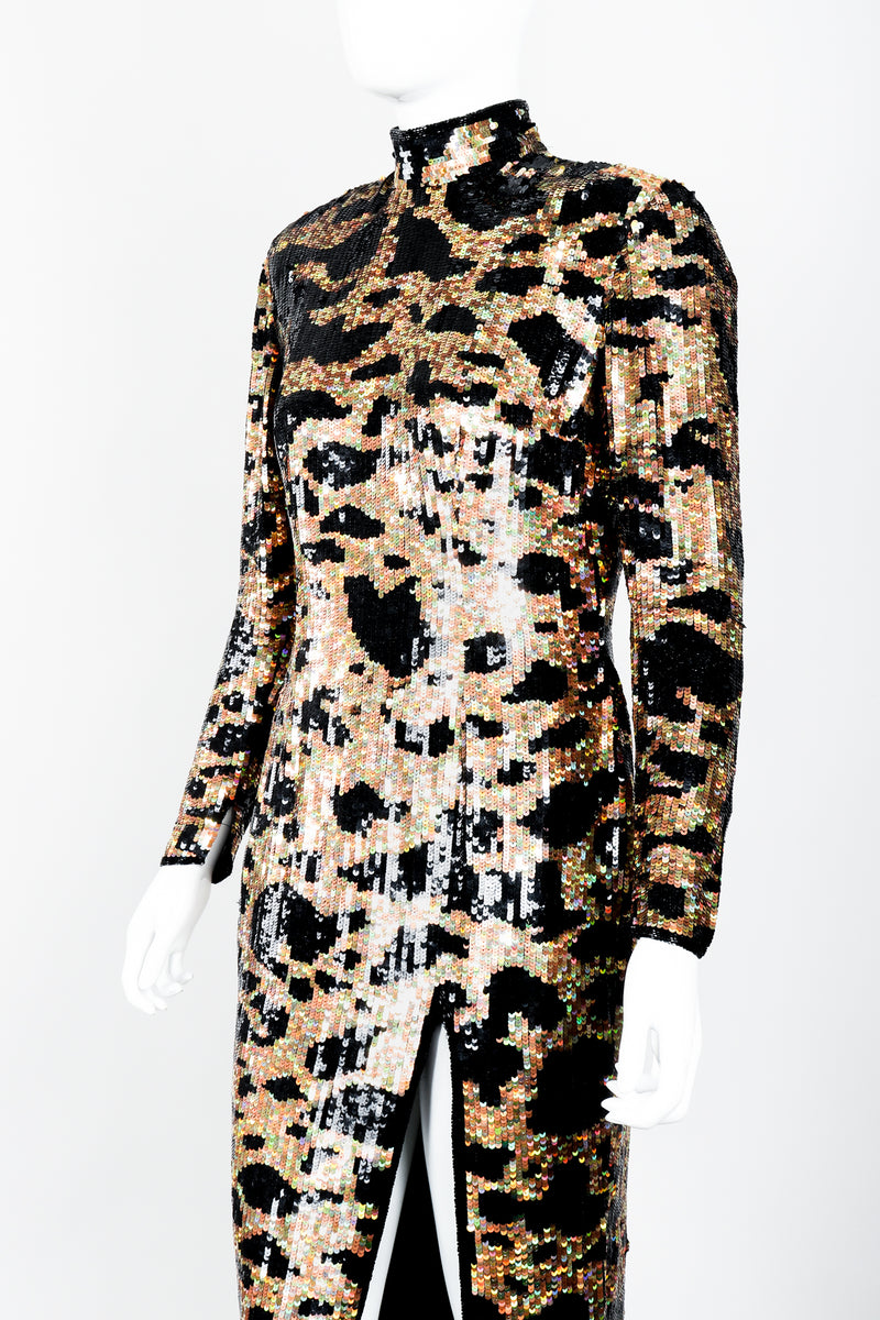 Vintage Riazee for Lillie Rubin Holographic Sequin Animal Sheath Dress on Mannequin front crop