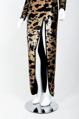 Vintage Riazee for Lillie Rubin Holographic Sequin Animal Sheath Dress on Mannequin leg opening