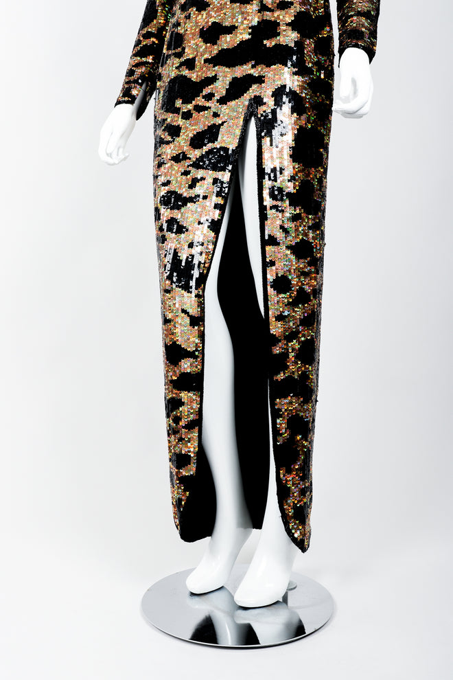 Vintage Riazee for Lillie Rubin Holographic Sequin Animal Sheath Dress on Mannequin leg opening