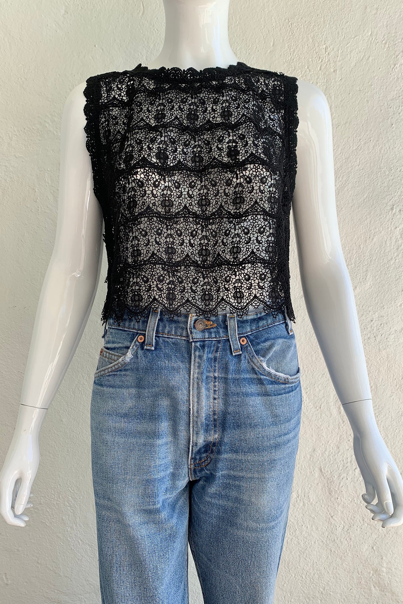 Vintage Lim's Sheer Crochet Lace Shell Top on Mannequin front at Recess Los Angeles