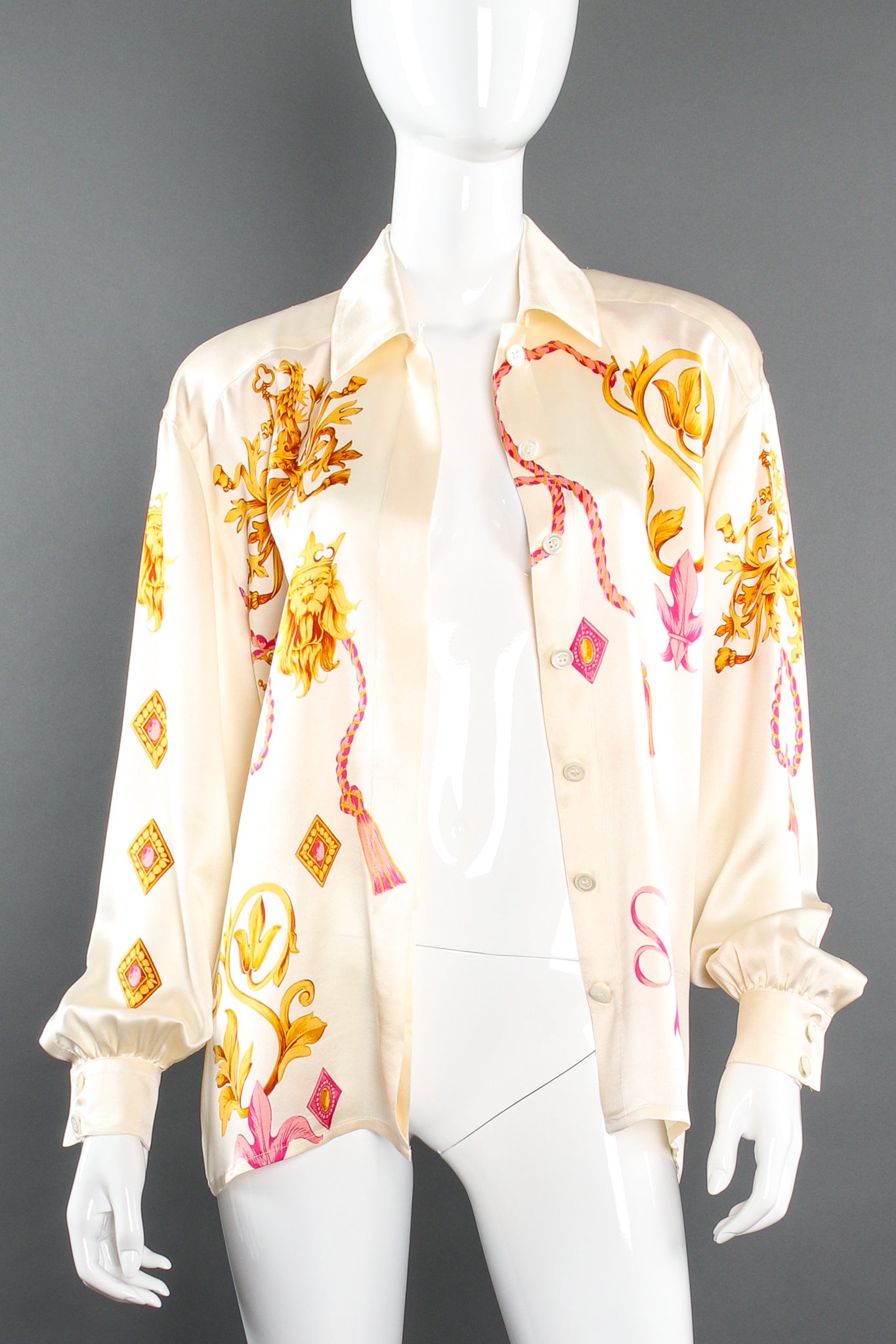 Vintage Escada Lion King Print Silk Shirt on Mannequin open at Recess Los Angeles