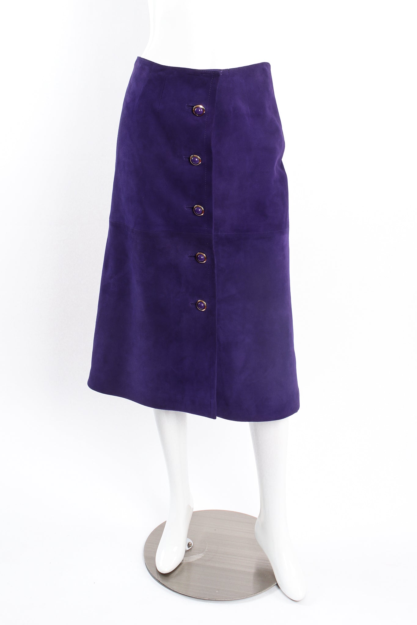 Vintage Loewe A-Line Suede Button Skirt on Mannequin front at Recess Los Angeles