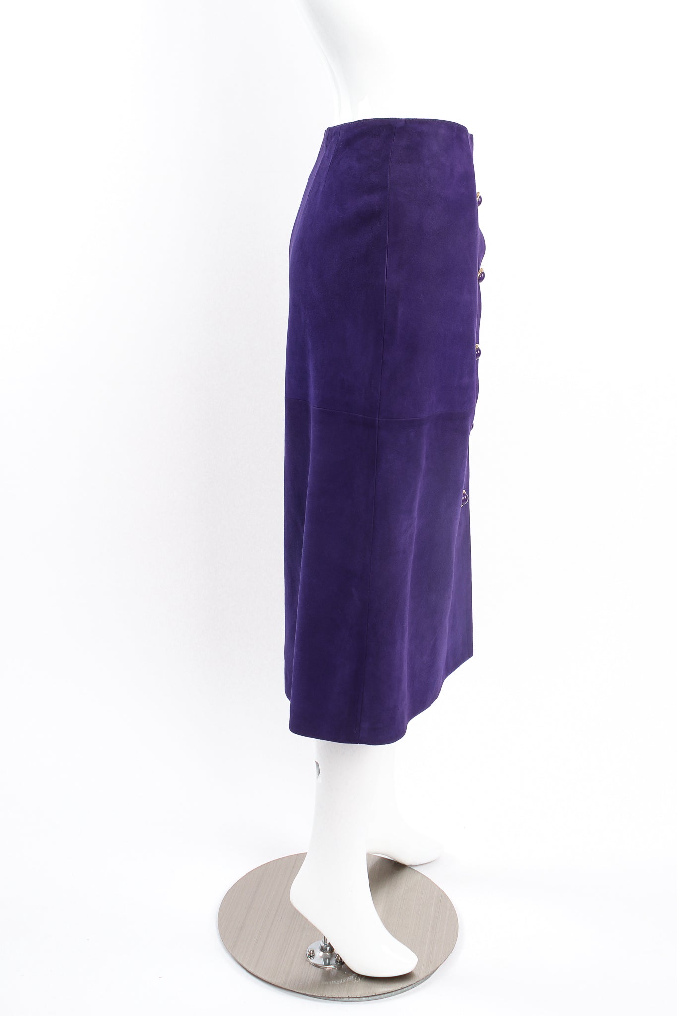 Vintage Loewe A-Line Suede Button Skirt on Mannequin side at Recess Los Angeles