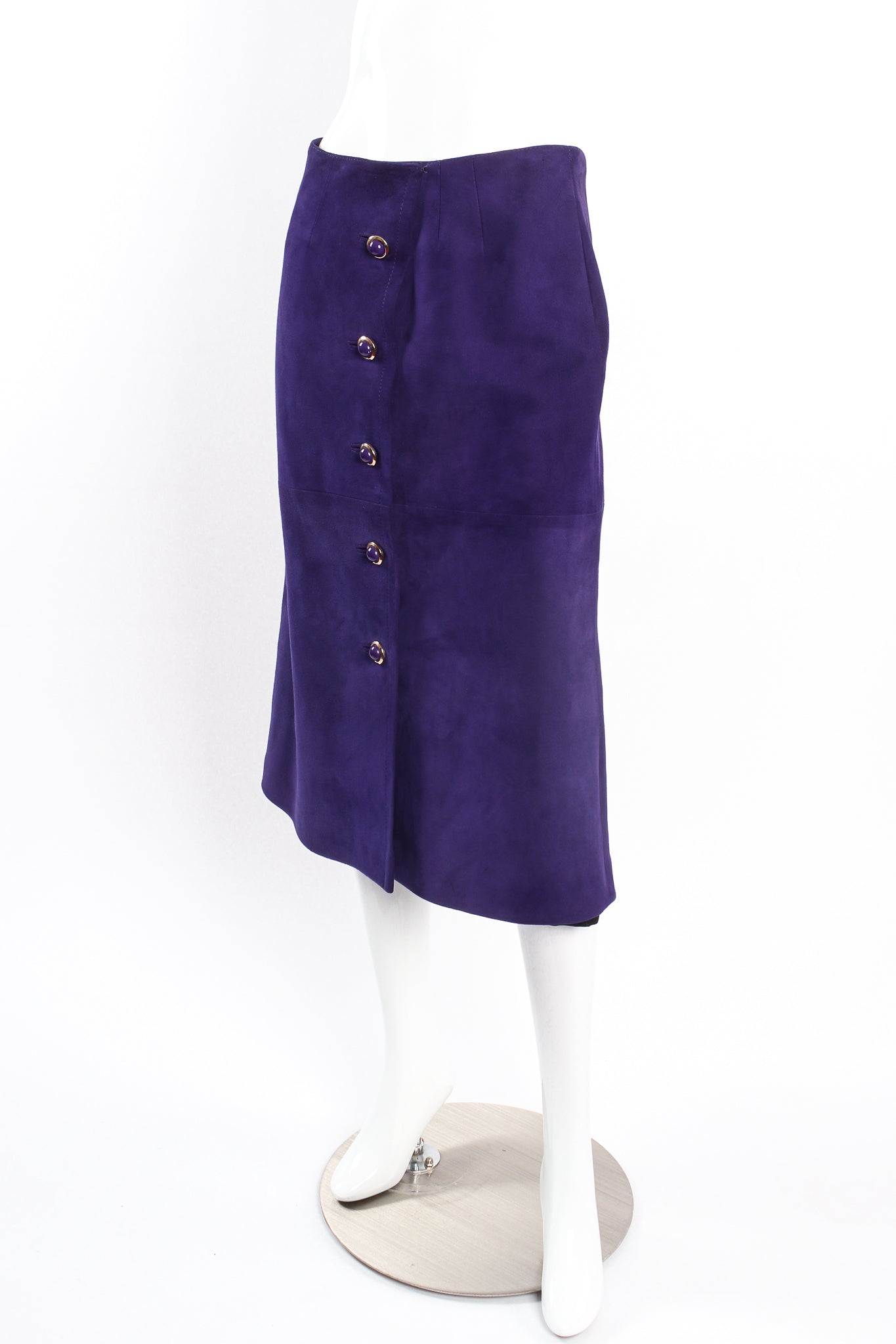Vintage Loewe A-Line Suede Button Skirt on Mannequin angle at Recess Los Angeles