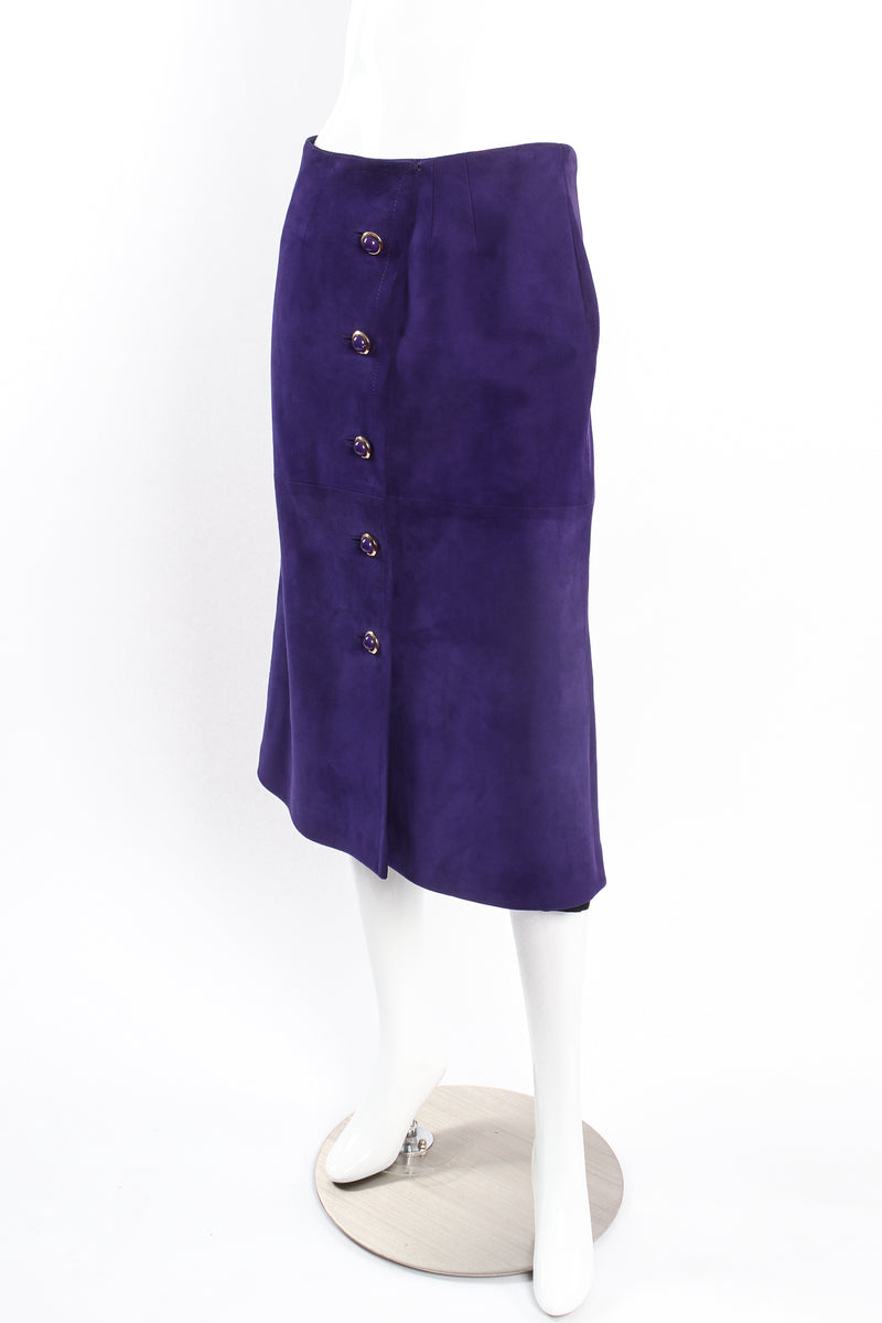 Vintage Loewe A-Line Suede Button Skirt on Mannequin angle at Recess Los Angeles