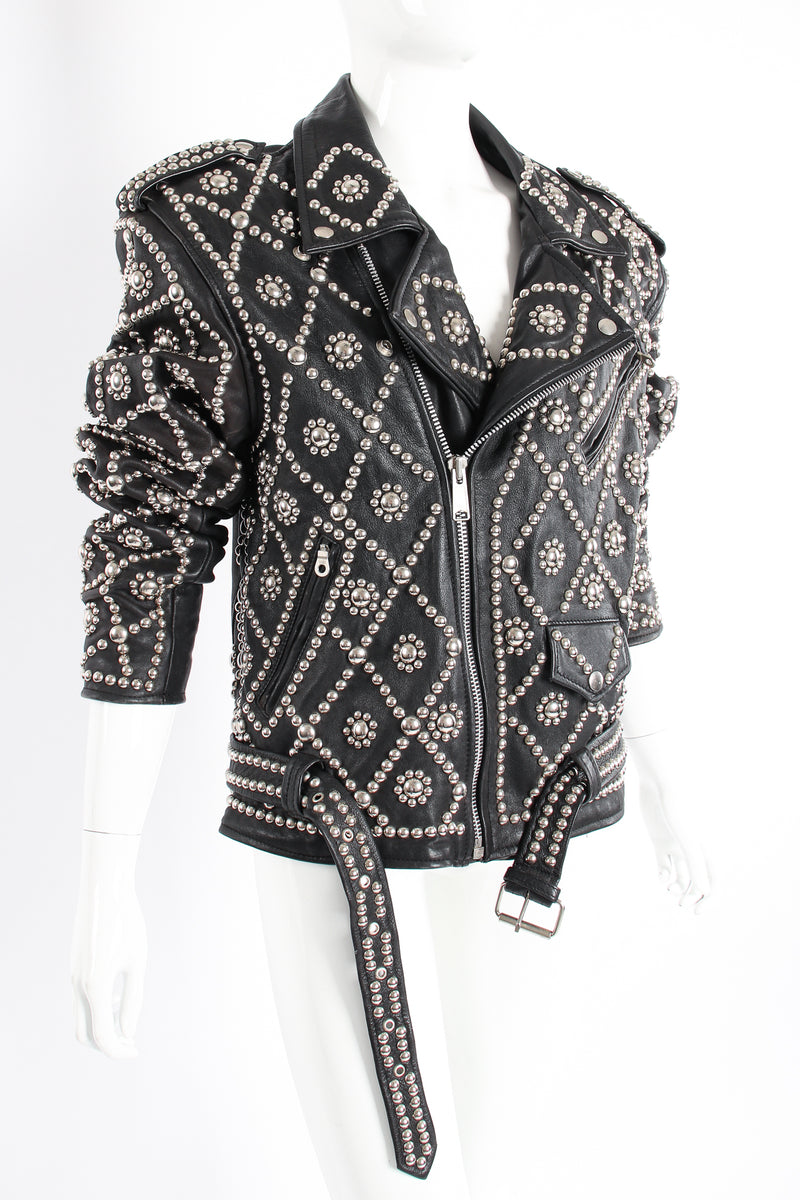 Vintage London Leatherware Diamond Studded Leather Moto Jacket on Mannequin pushed at Recess LA