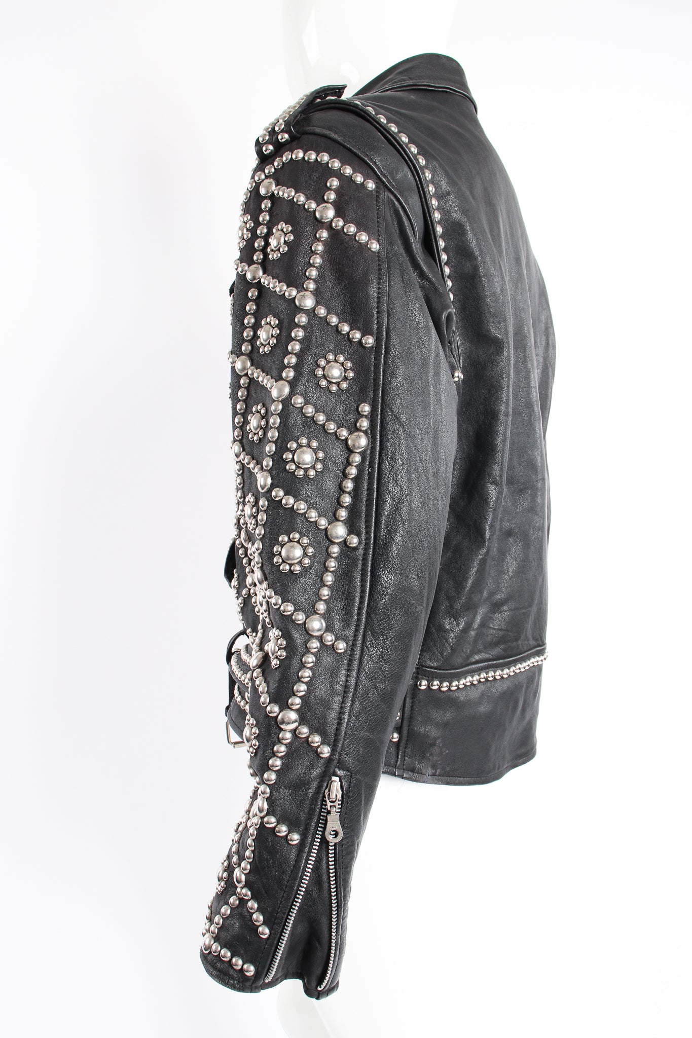 Vintage London Leatherware Diamond Studded Leather Moto Jacket on Mannequin sleeve at Recess LA