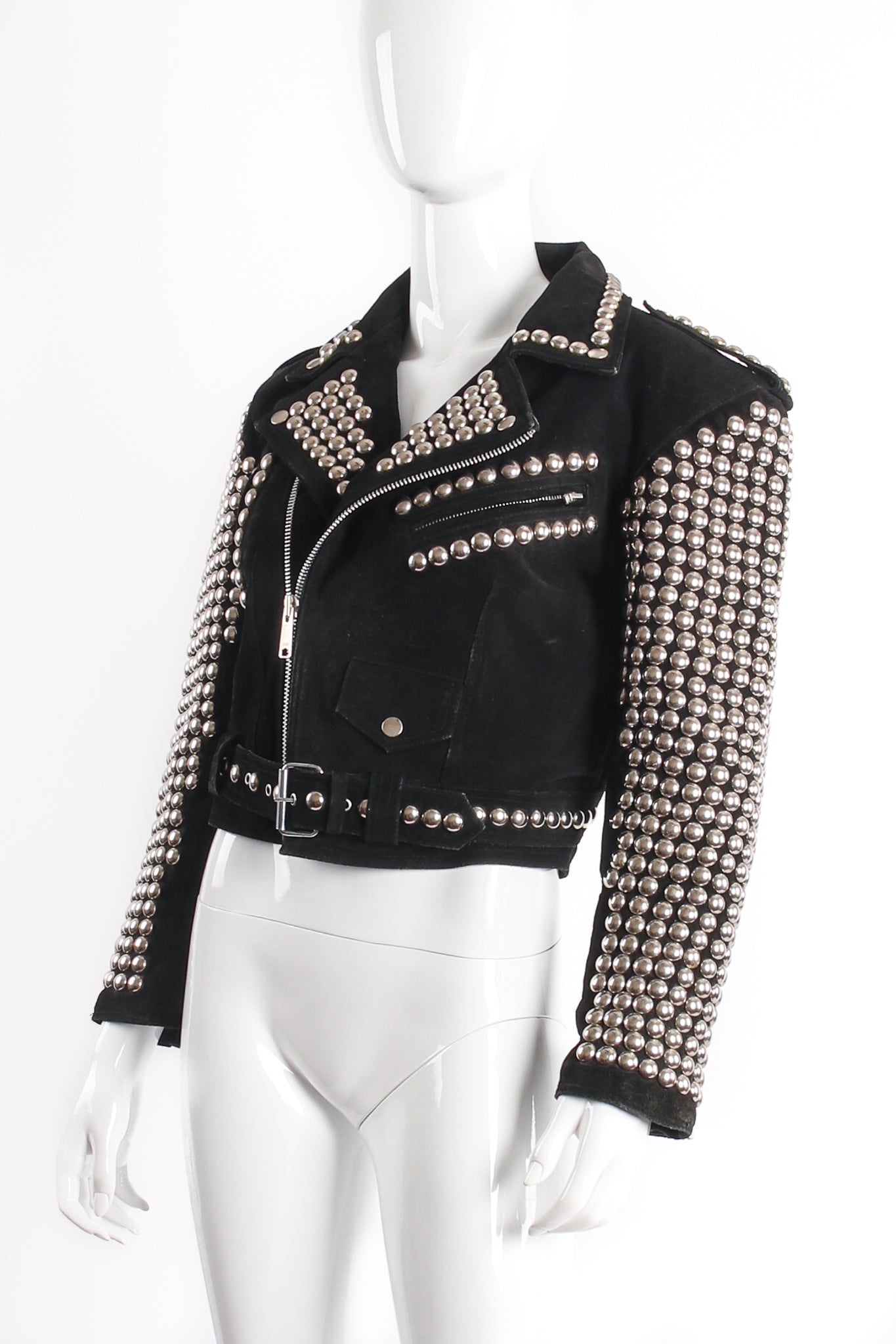 Vintage London Leatherwear Studded Suede Moto Jacket on Mannequin Angle at Recess LA
