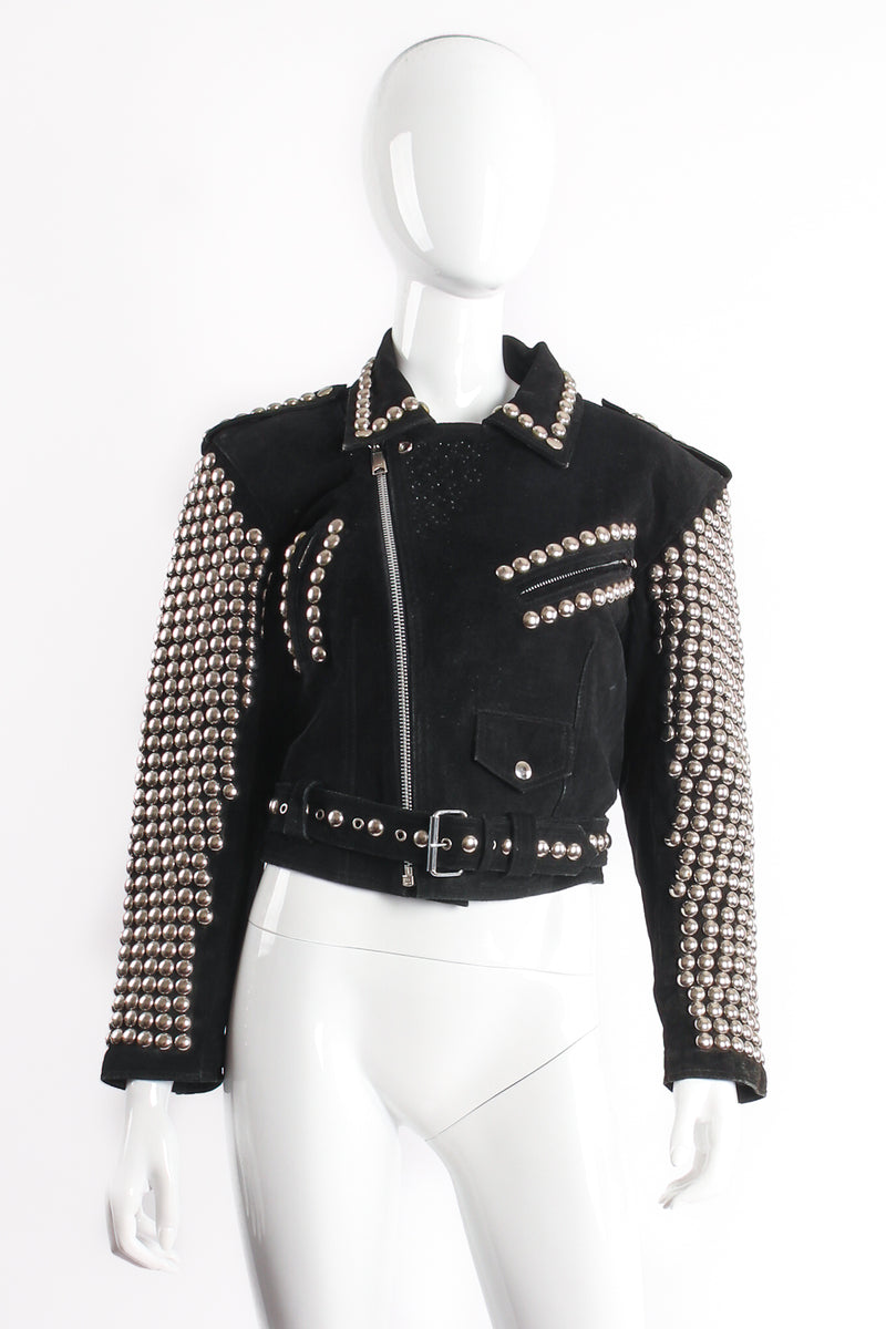 Vintage London Leatherwear Studded Suede Moto Jacket on Mannequin Front at Recess LA