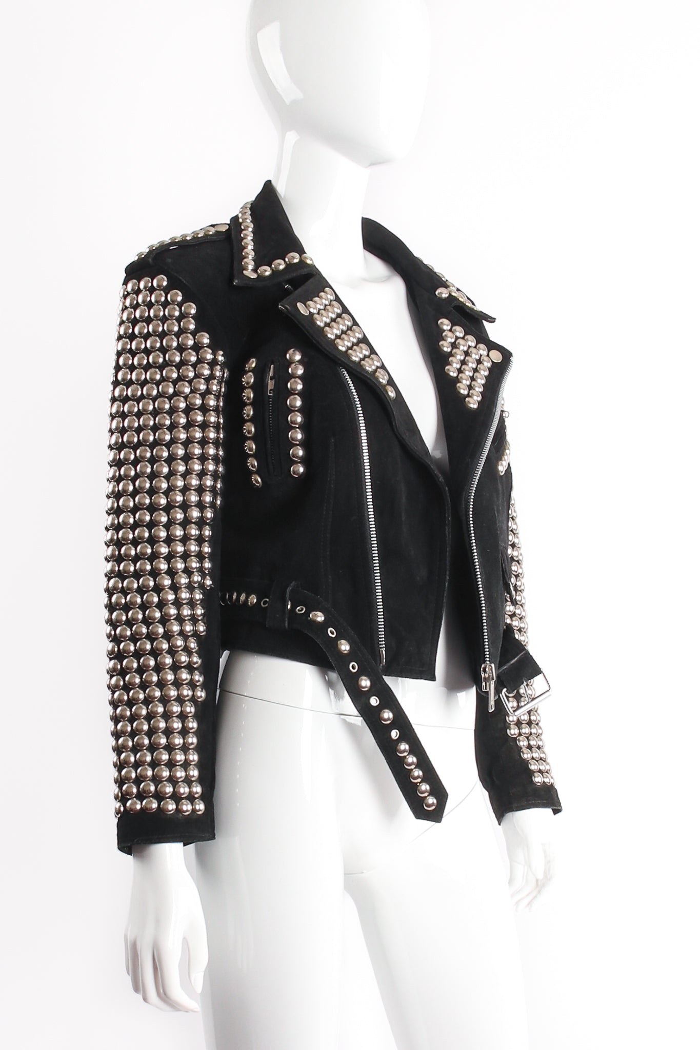 Vintage London Leatherwear Studded Suede Moto Jacket on Mannequin Angle at Recess LA
