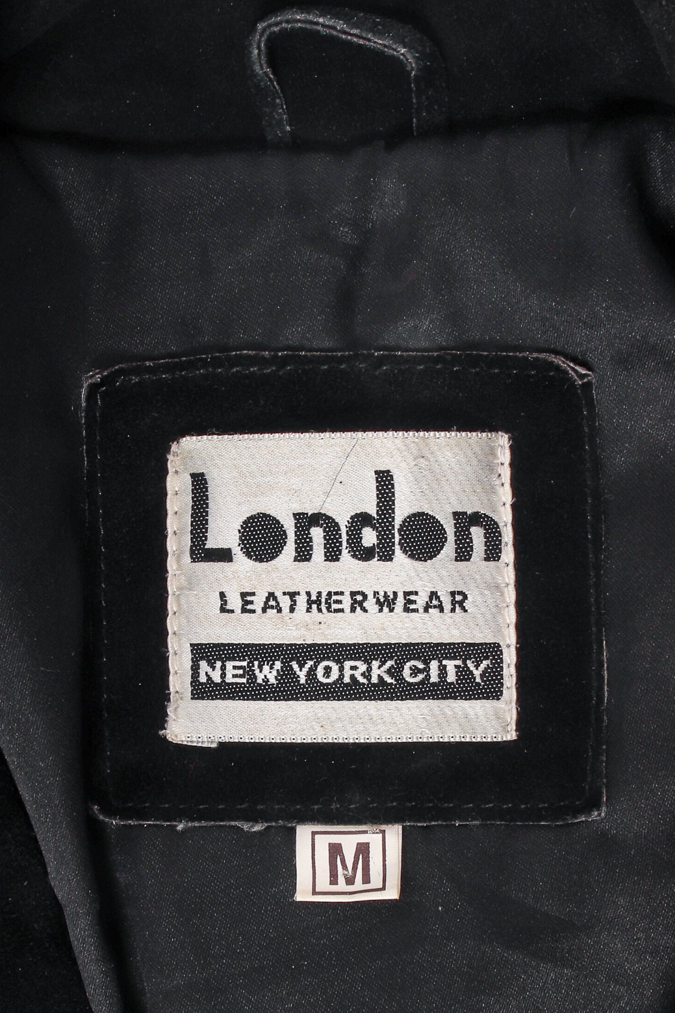 Vintage London Leatherwear Studded Suede Moto Jacket Closeup of Label at Recess LA