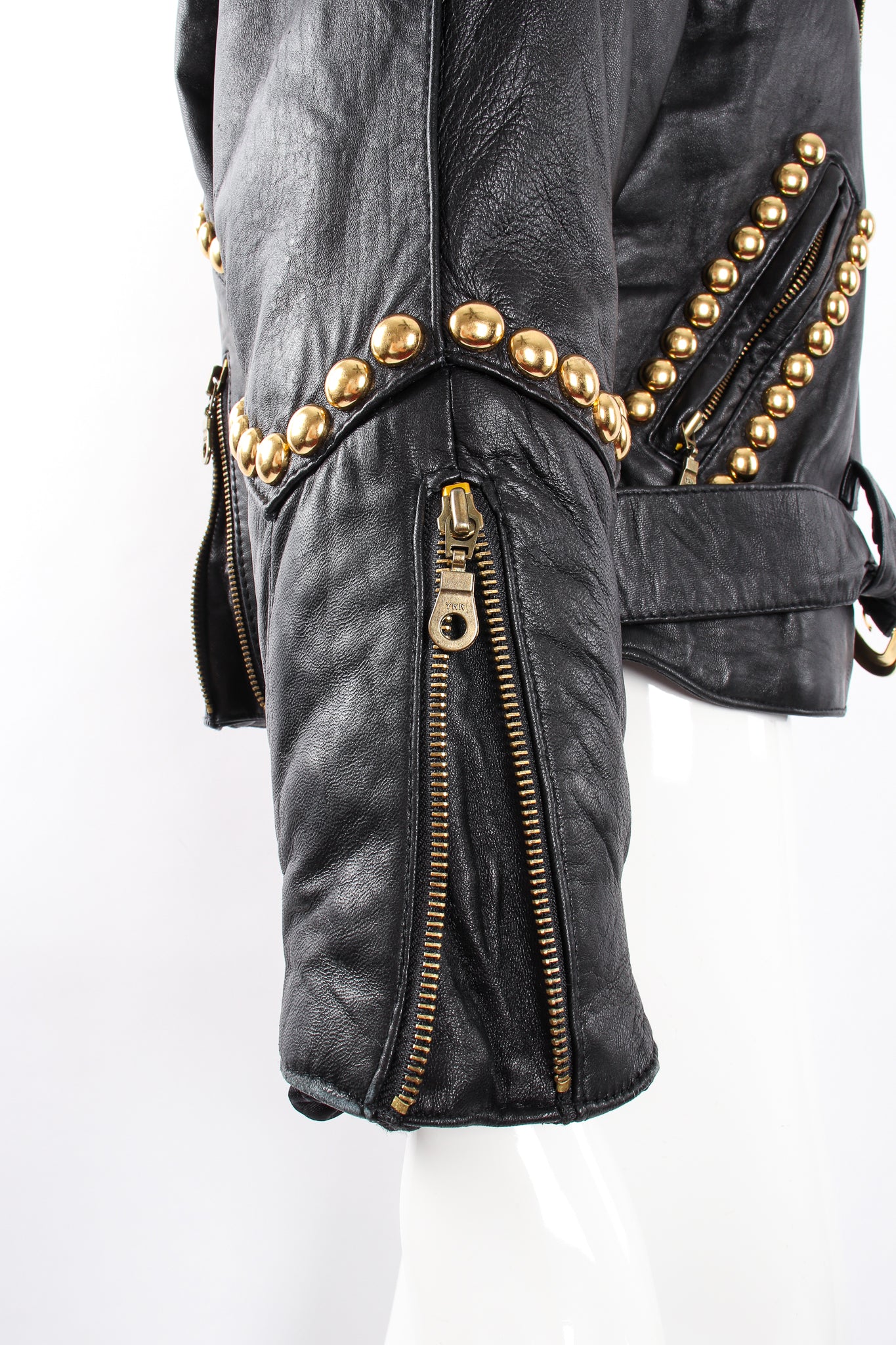 Vintage London Leatherwear Dome Stud Belted Leather Jacket on Mannequin sleeve cuff at Recess LA