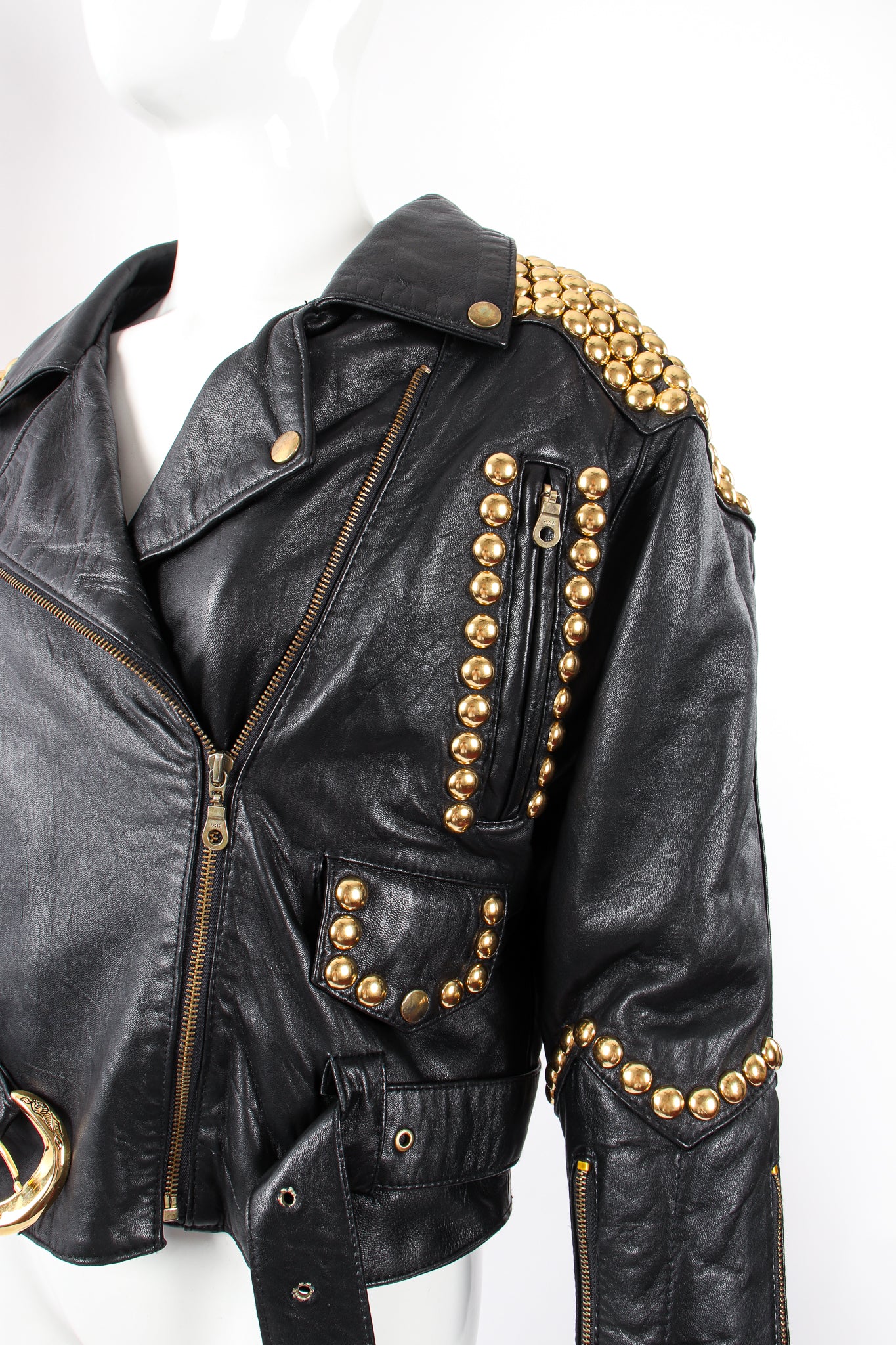 Vintage London Leatherwear Dome Stud Belted Leather Jacket on Mannequin chest pocket at Recess LA