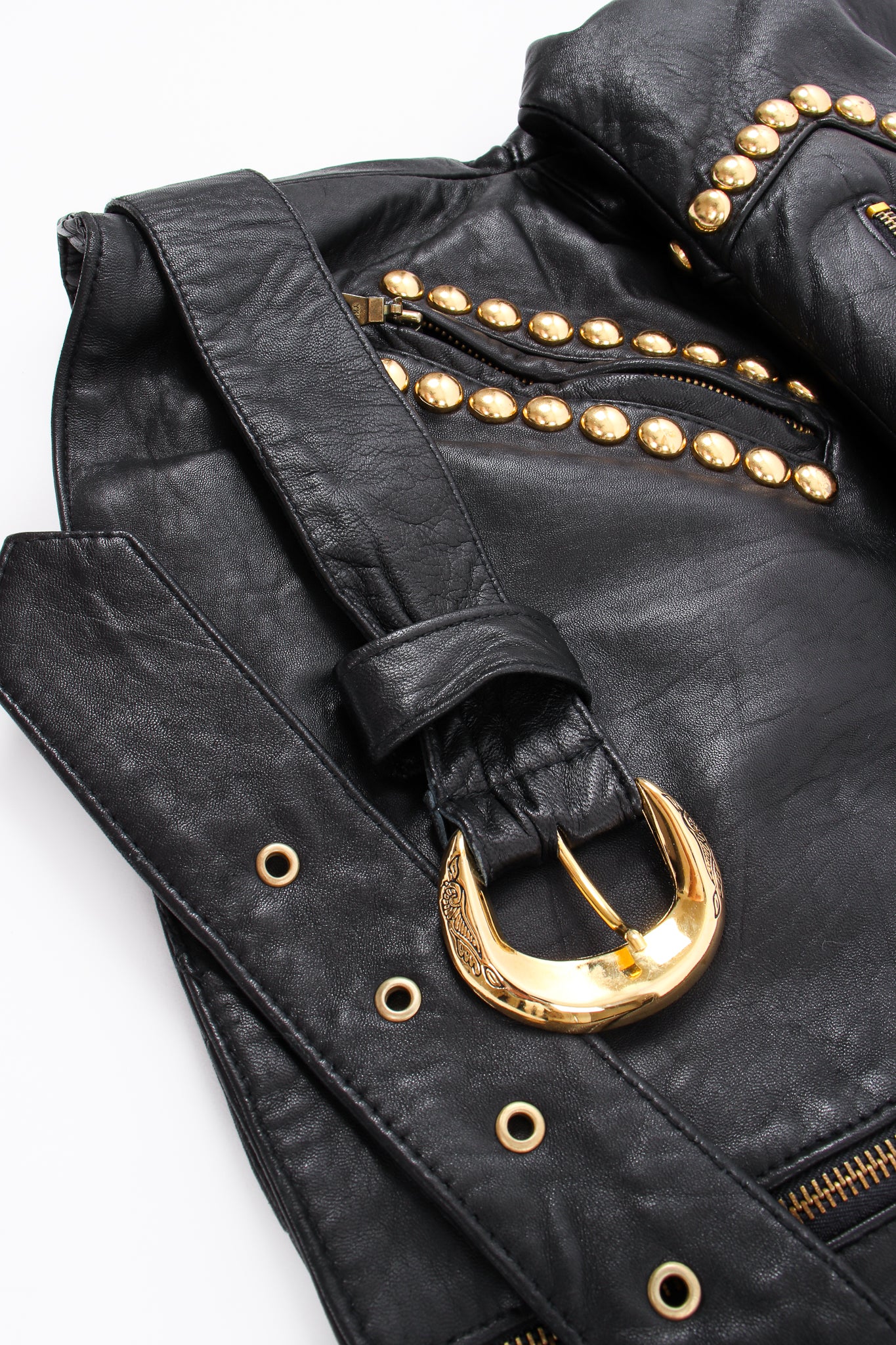 Vintage London Leatherwear Dome Stud Belted Leather Jacket waist detail at Recess LA
