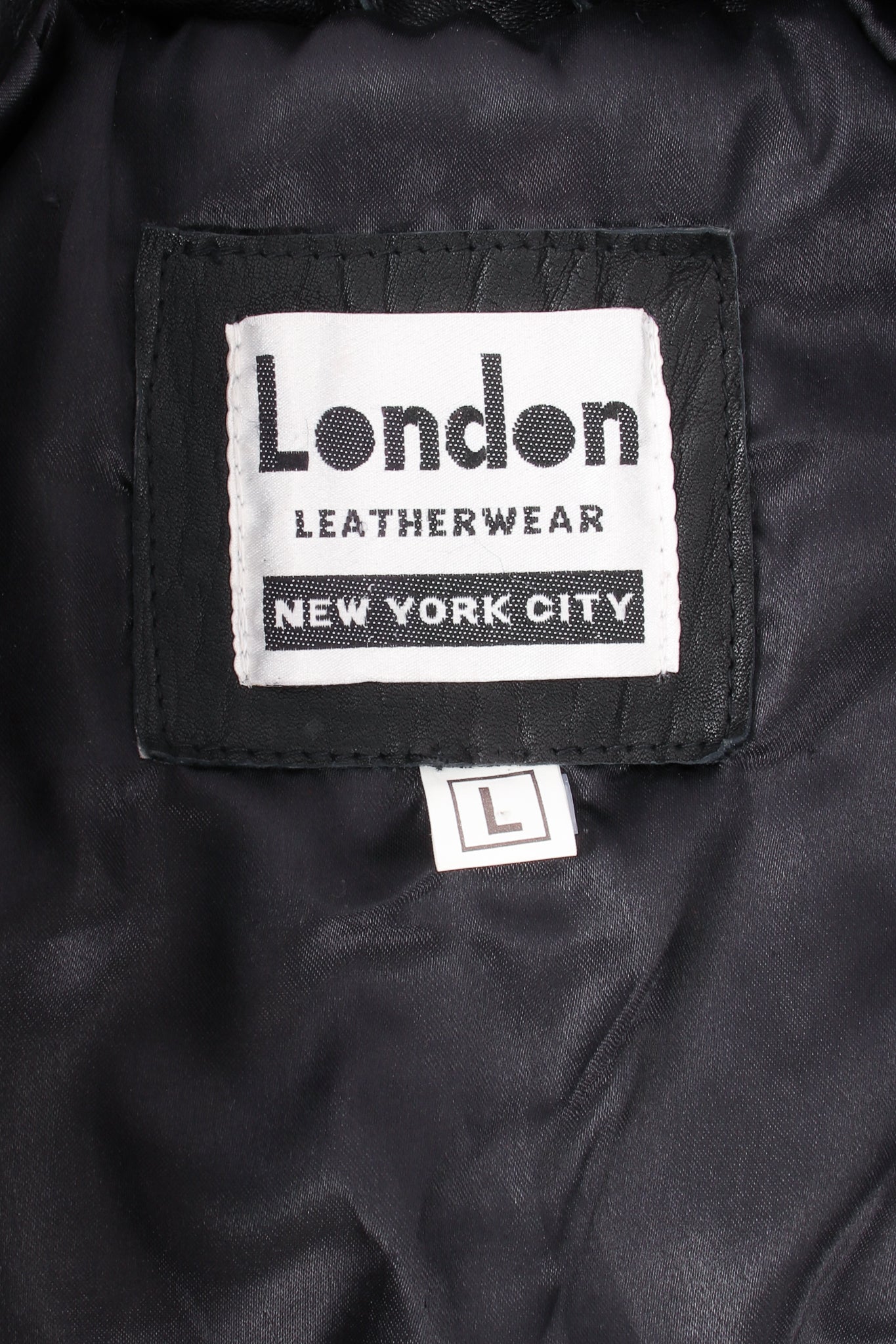 Vintage London Leatherwear Dome Stud Belted Leather Jacket label at Recess LA