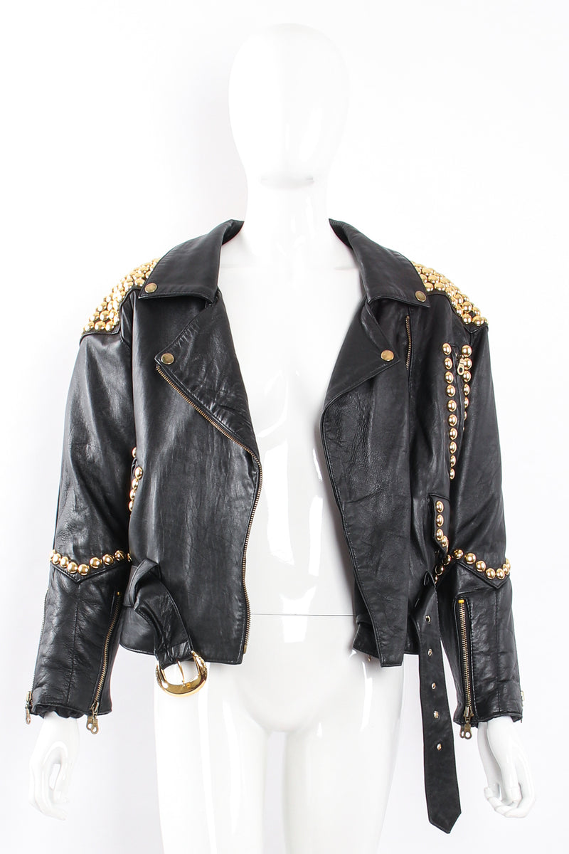 Vintage London Leatherwear Dome Stud Belted Leather Jacket on Mannequin open at Recess LA