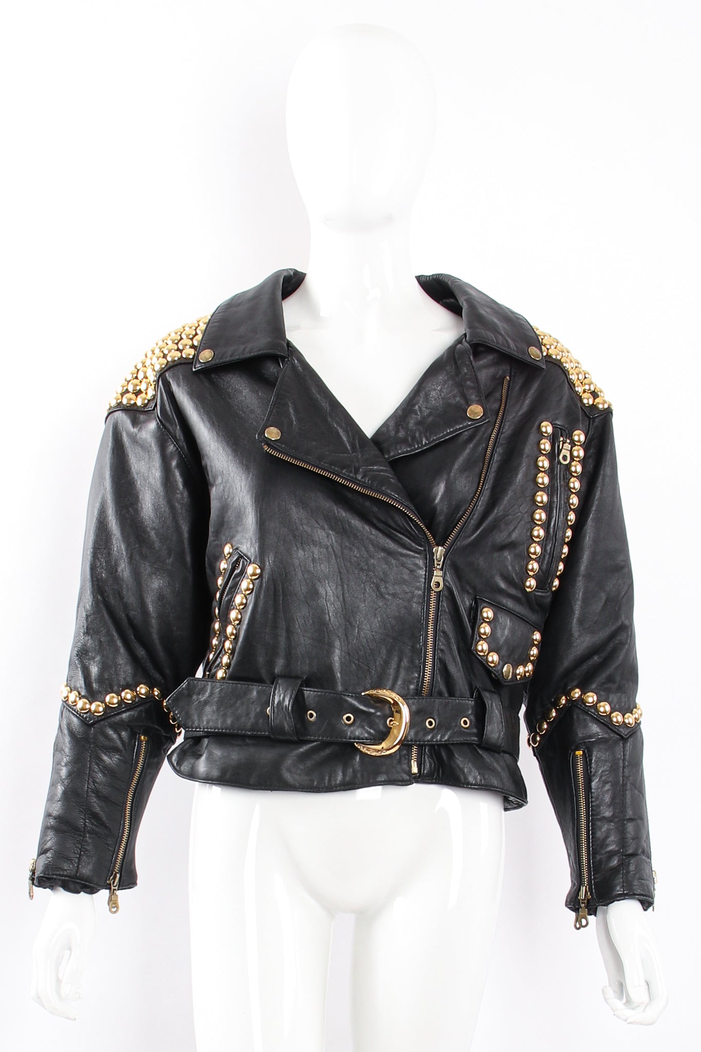 Vintage London Leatherwear Dome Stud Belted Leather Jacket on Mannequin front at Recess LA
