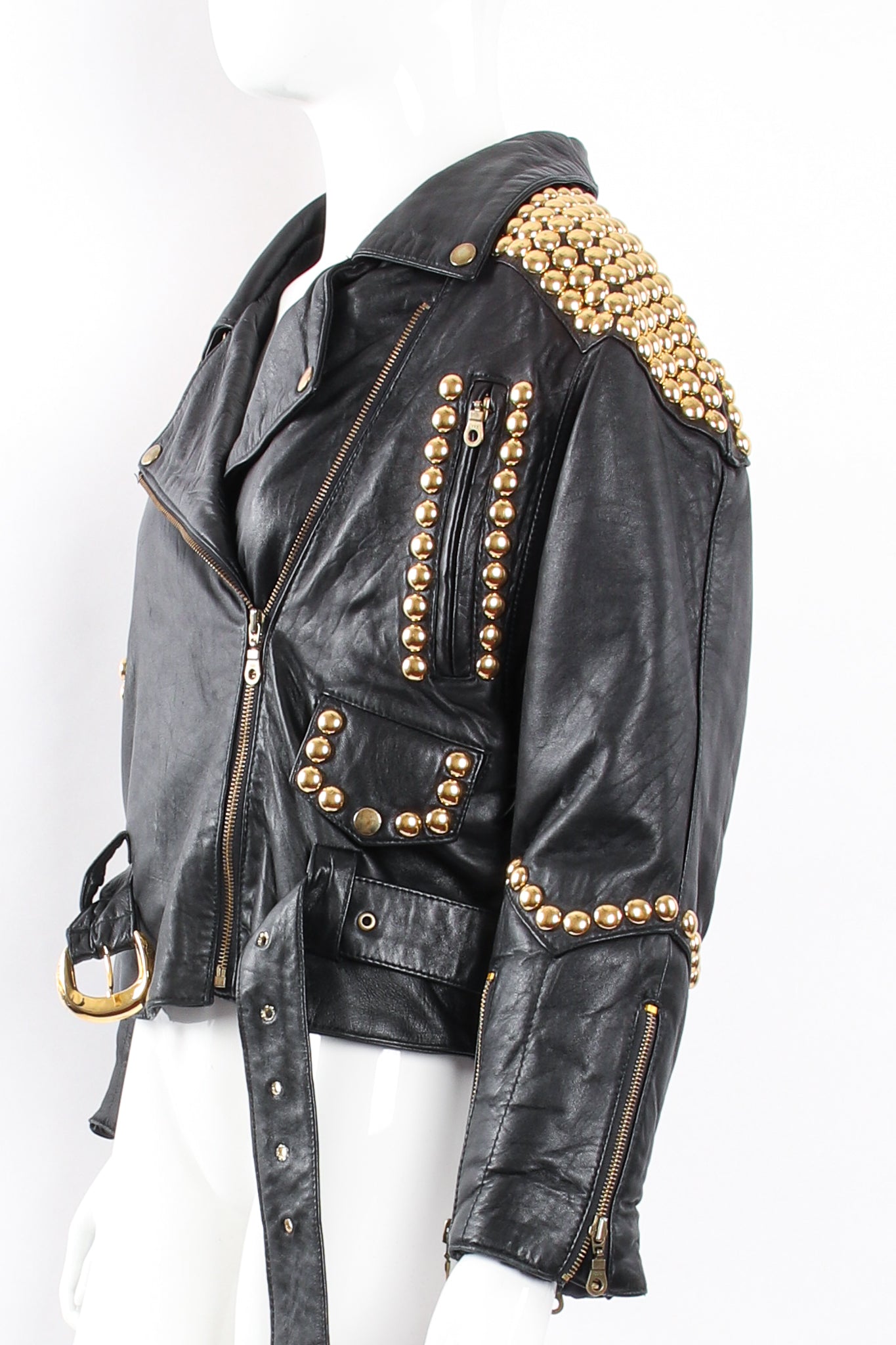 Vintage London Leatherwear Dome Stud Belted Leather Jacket on Mannequin angle at Recess LA