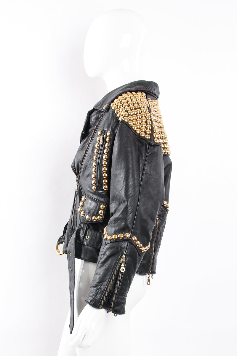 Vintage London Leatherwear Dome Stud Belted Leather Jacket on Mannequin side at Recess LA