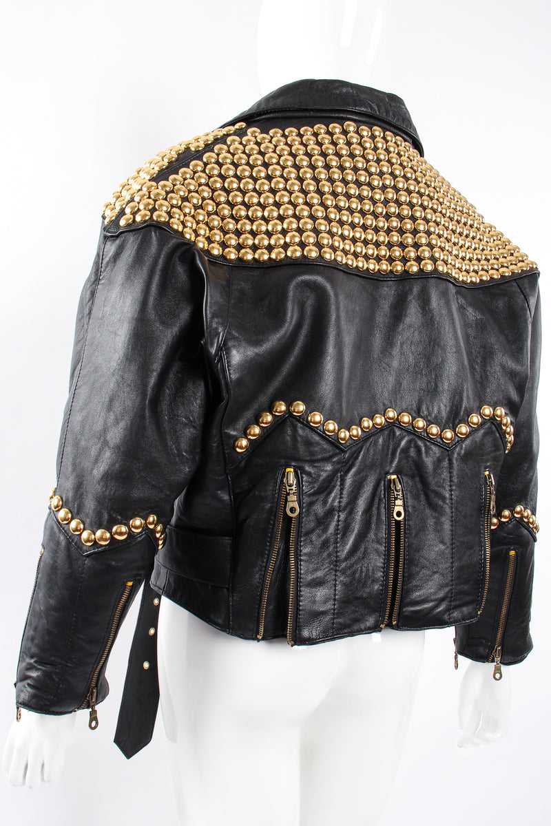 Vintage London Leatherwear Dome Stud Belted Leather Jacket on Mannequin angle back at Recess LA