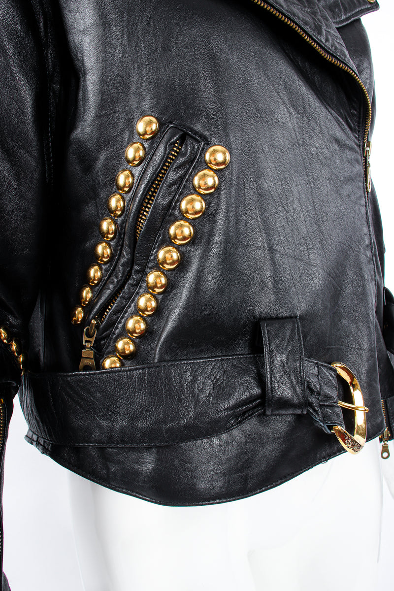 Vintage London Leatherwear Dome Stud Belted Leather Jacket on Mannequin pocket at Recess LA