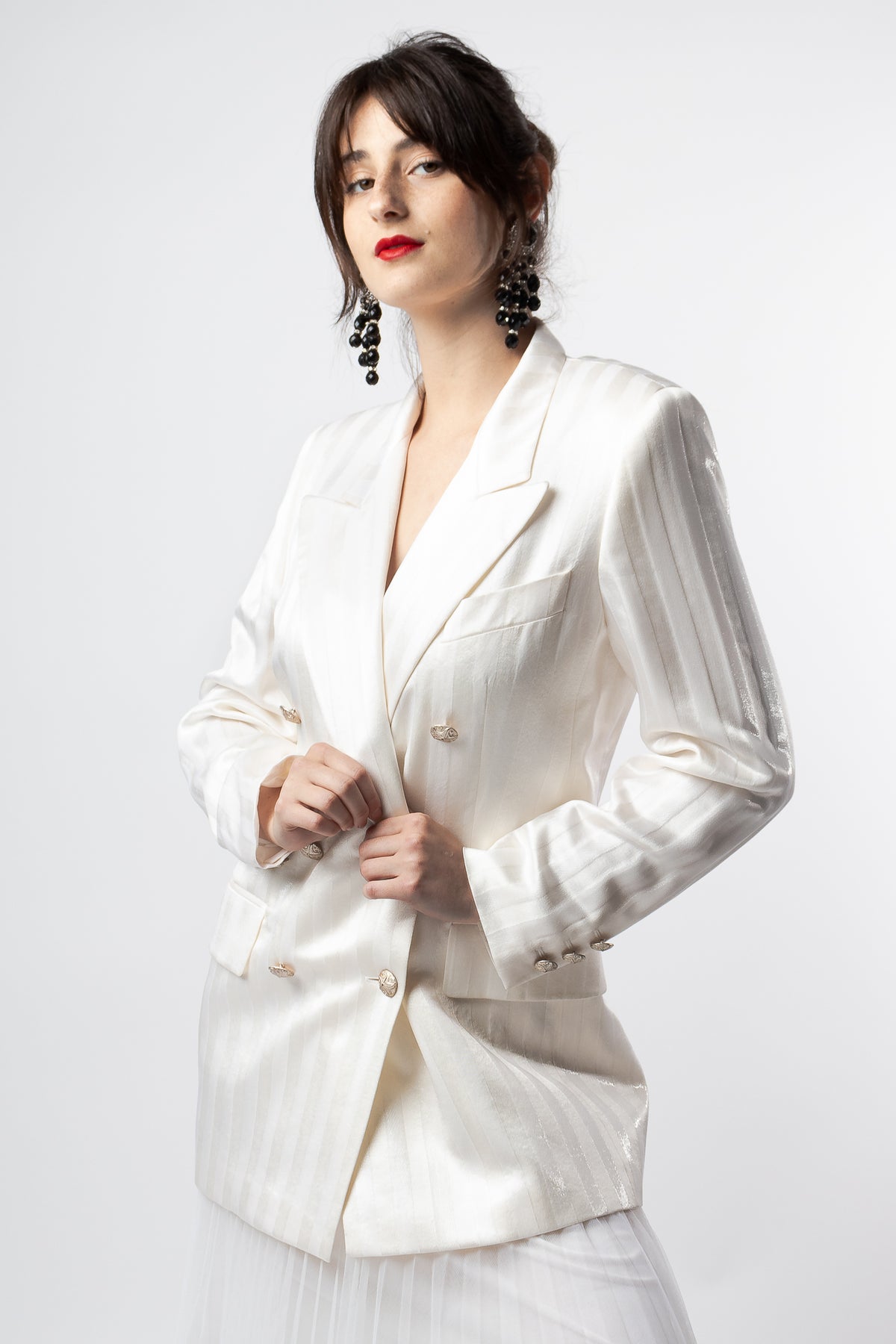 Vintage sale Escada Size 44 (US 14) White Silk Blazer with Ornate Rhinestone Brooch