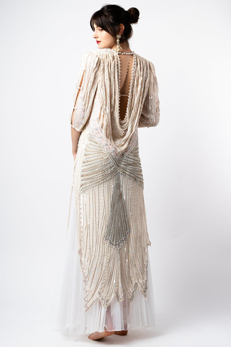 Romy Reiner in Vintage Zandra Rhodes Deco Beaded Cowl Back Gown at Recess Los Angeles