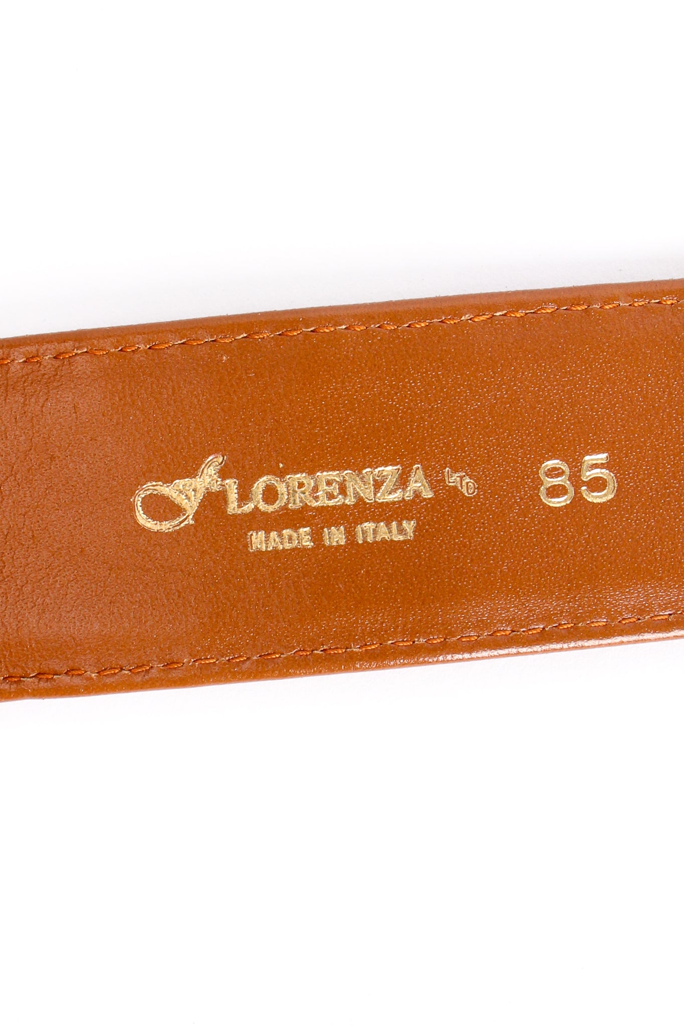Vintage Lorenza Embossed Leather Turnlock Plate Belt signature stamp at Recess Los Angeles