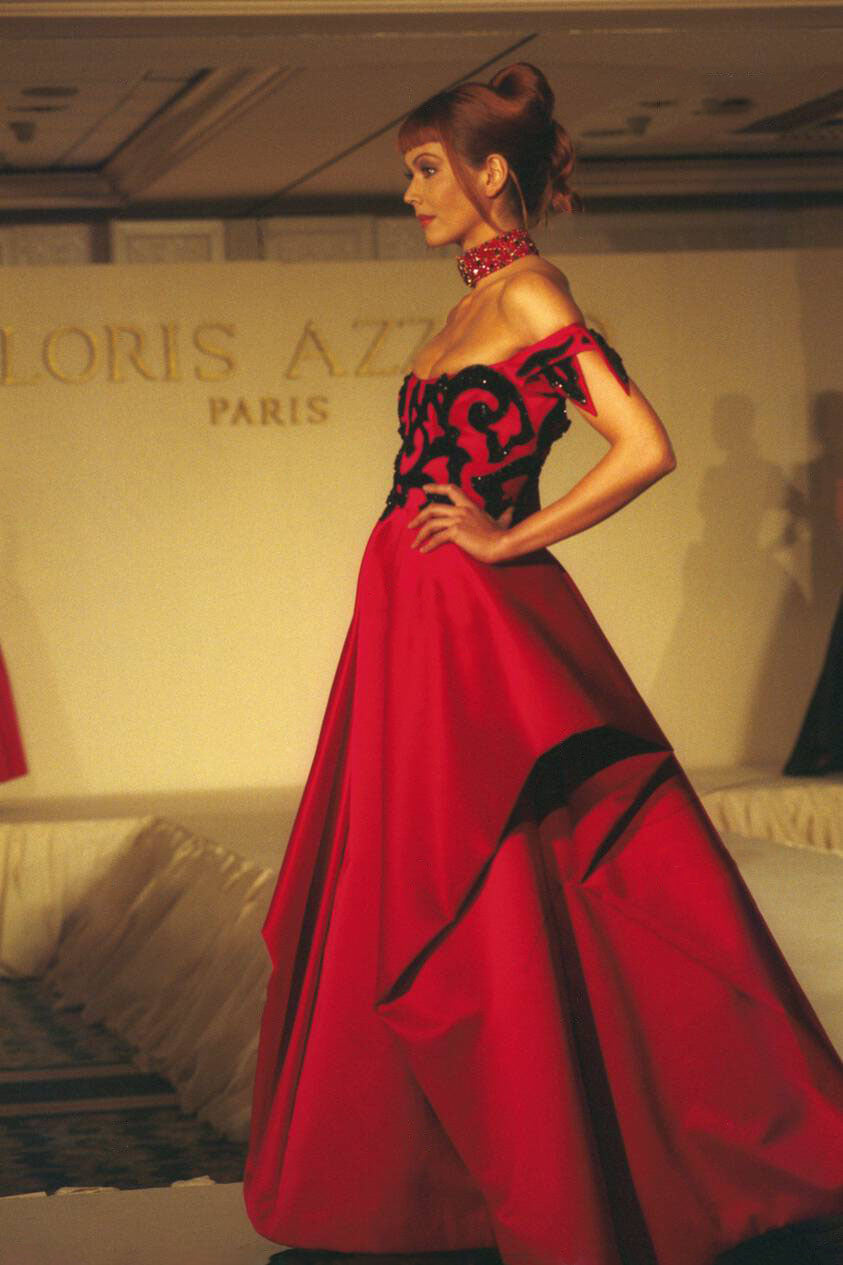 Vintage Loris Azzaro 1994 Runway Raspberry Sculpted Ball Gown on model at Recess LA