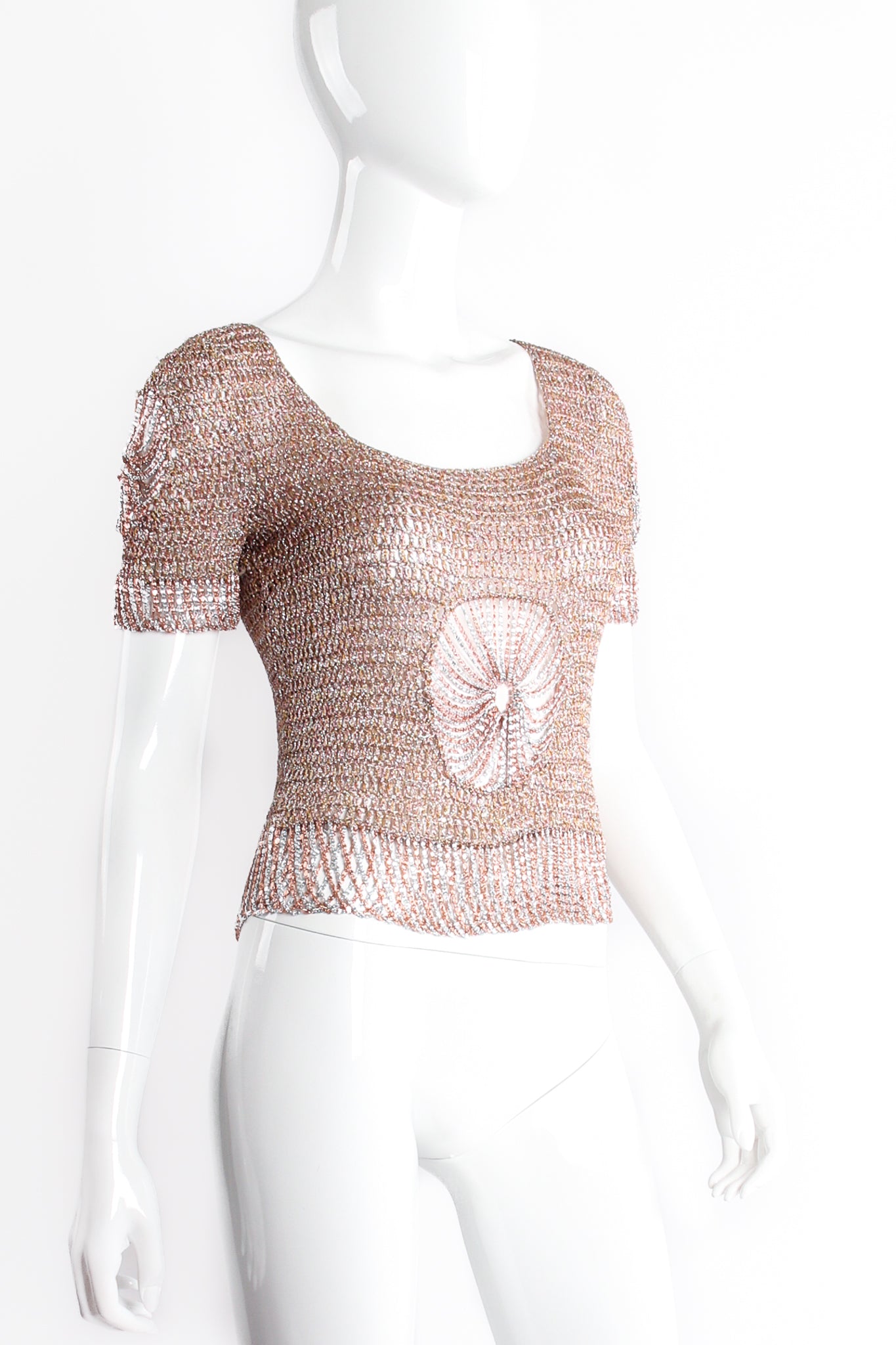 Vintage Loris Azzaro Collectable Metallic Draped Chain Cutout Top on mannequin angle at Recess LA