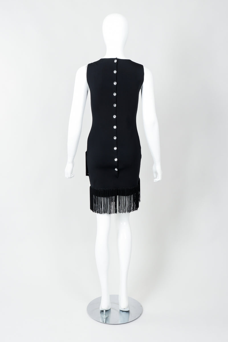 Vintage Loris Azzaro Asymmetrical Fringe Hem Dress on Mannequin, back at Recess Los Angeles