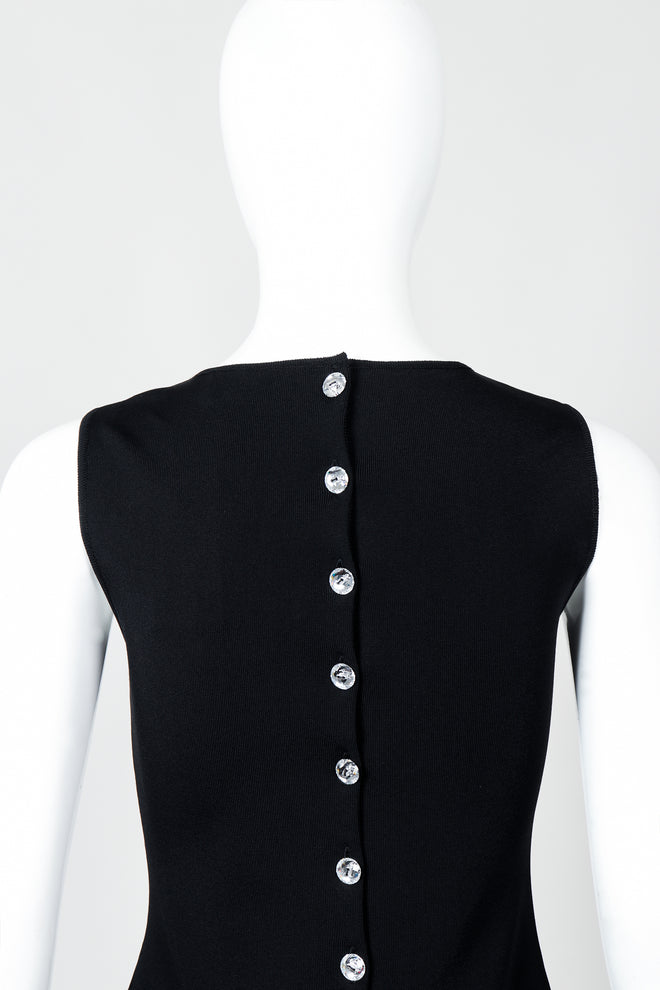 Vintage Loris Azzaro Asymmetrical Fringe Hem Dress on Mannequin, back button detail