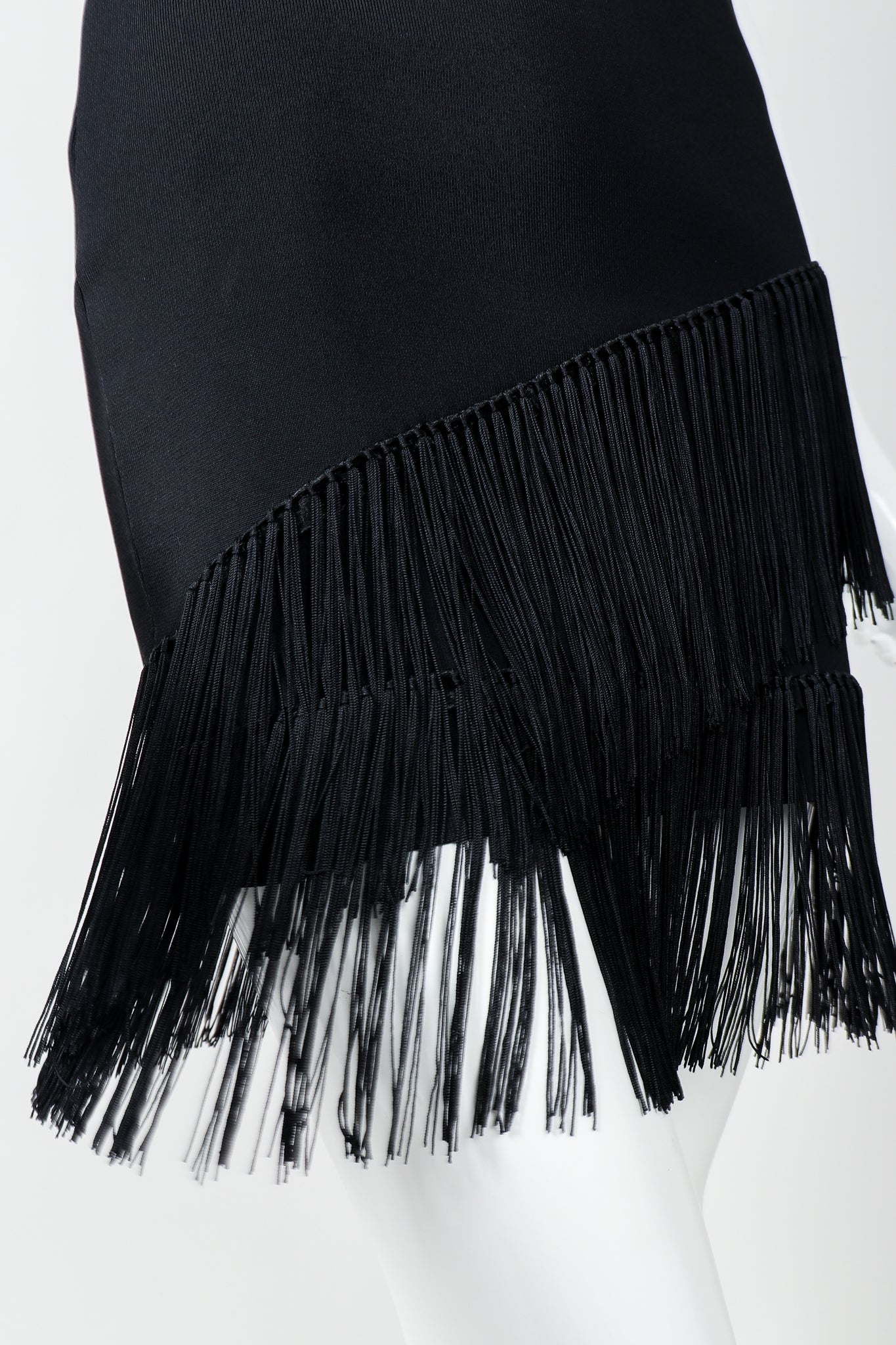 Vintage Loris Azzaro Asymmetrical Fringe Hem Dress on Mannequin, skirt fringe at Recess