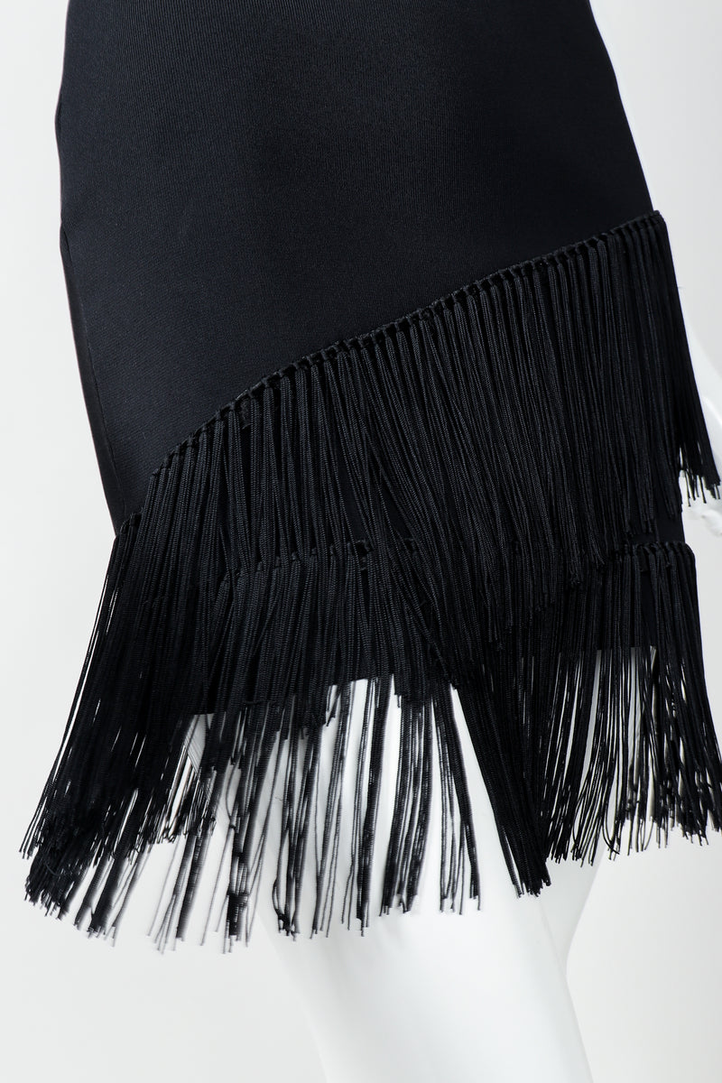 Vintage Loris Azzaro Asymmetrical Fringe Hem Dress on Mannequin, skirt fringe at Recess
