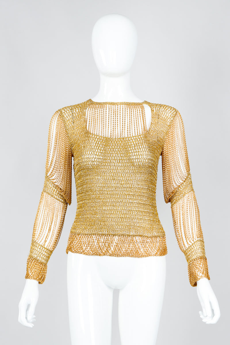 Vintage Loris Azzaro Rare Gold Draped Chain Juliet Sleeve Top on mannequin, front at Recess