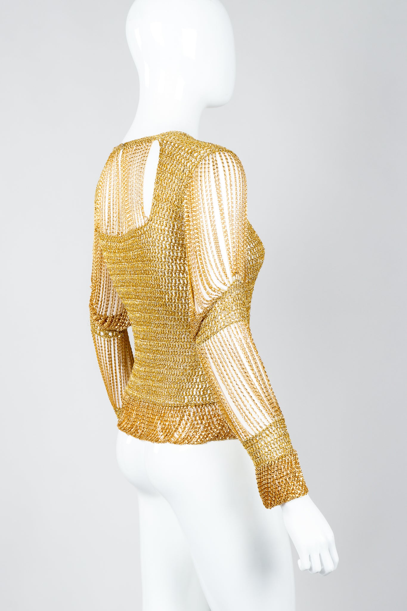 Vintage Loris Azzaro Rare Gold Draped Chain Juliet Sleeve Top on mannequin, side at Recess