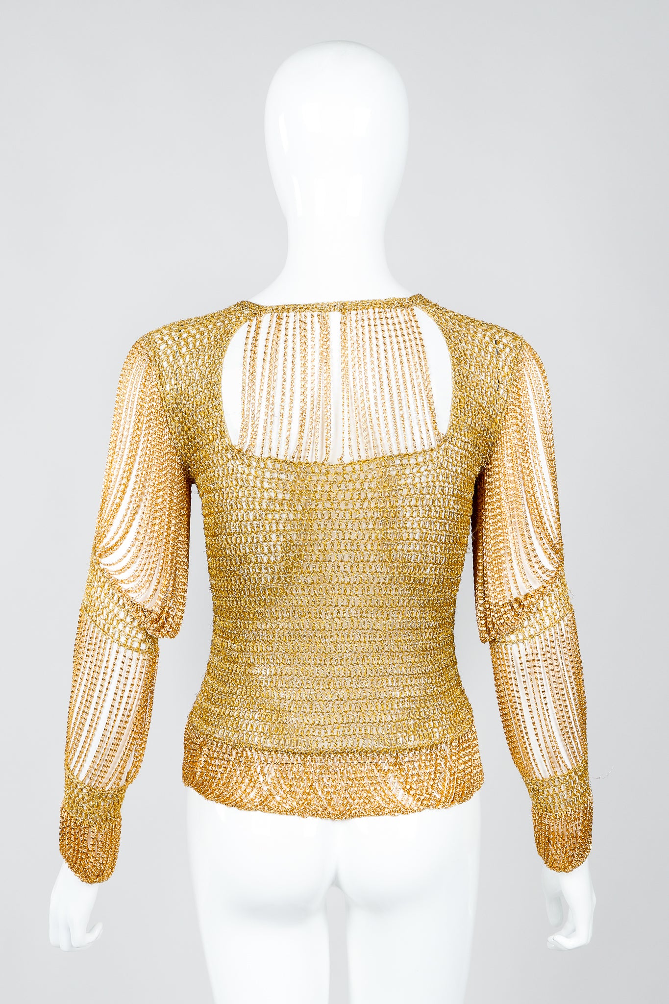 Vintage Loris Azzaro Rare Gold Draped Chain Juliet Sleeve Top on mannequin, back at Recess